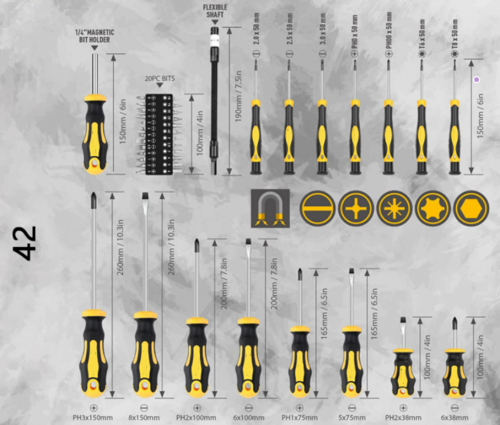 Set Cacciaviti Magnetico 42 Pezzi - Professionali Con Custodia, Teste Intercambiabili