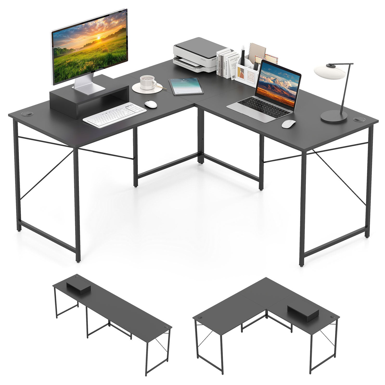 Biurko w kształcie litery L, dwustronne biurko narożne ze stojakiem na monitor,stolik pod komputer, do biura domowego, 150 x 150 x 74 cm (jasnoszare)