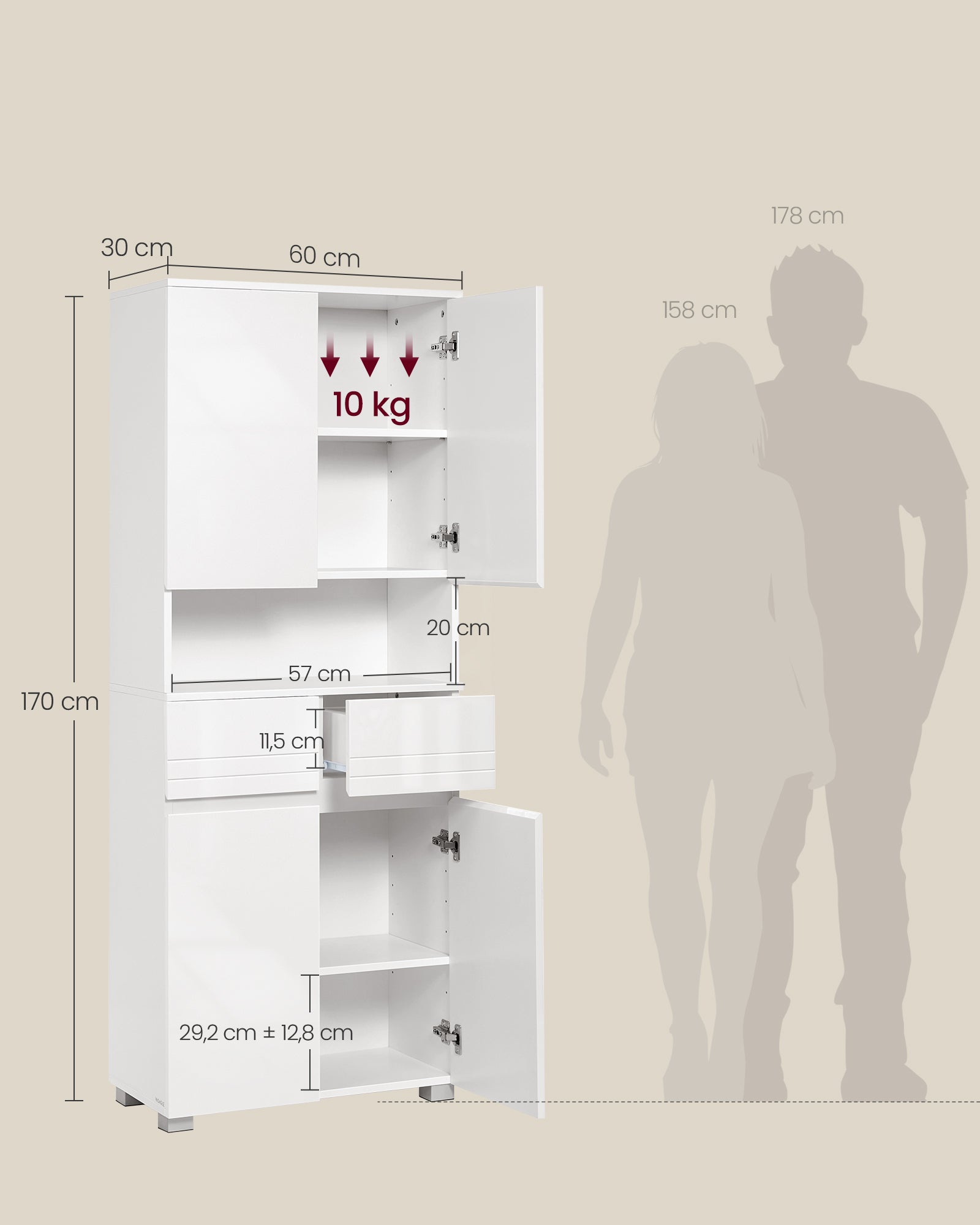 Armoire de Salle de Bain, Meuble de Rangement, Colonne, avec 2 Tiroirs, Étagères Réglables, Compartiments, 30 x 60 x 170 cm, Blanc Nuage - 5