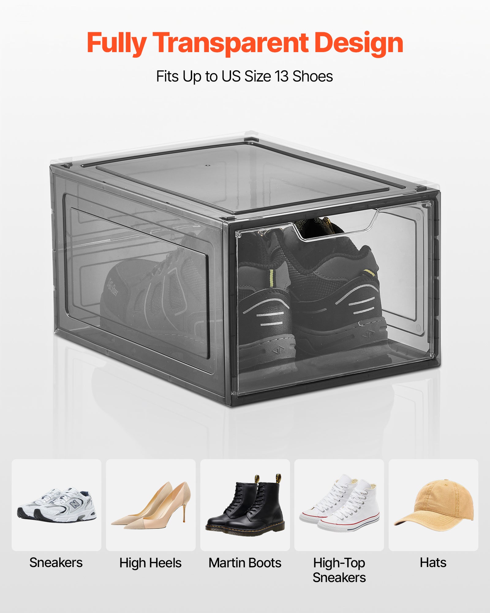 Boîtes à Chaussures Empilables,Lot de VEVOR 6,Jusqu’à Pointure US 13,Plastique avec Porte Magnétique,Bottes Talons Chapeaux,Noir - 6