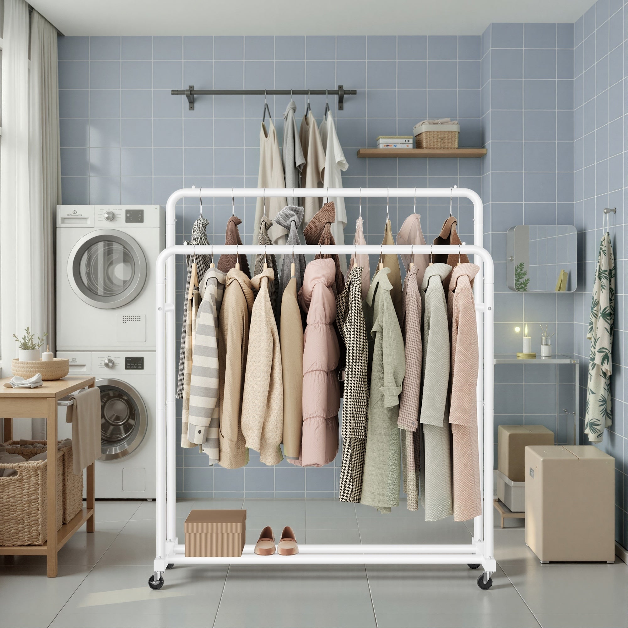 Portemanteau sur Roulettes, Portant à Vêtements Robuste, Charge 90 kg, Chambre, Blanc - 2
