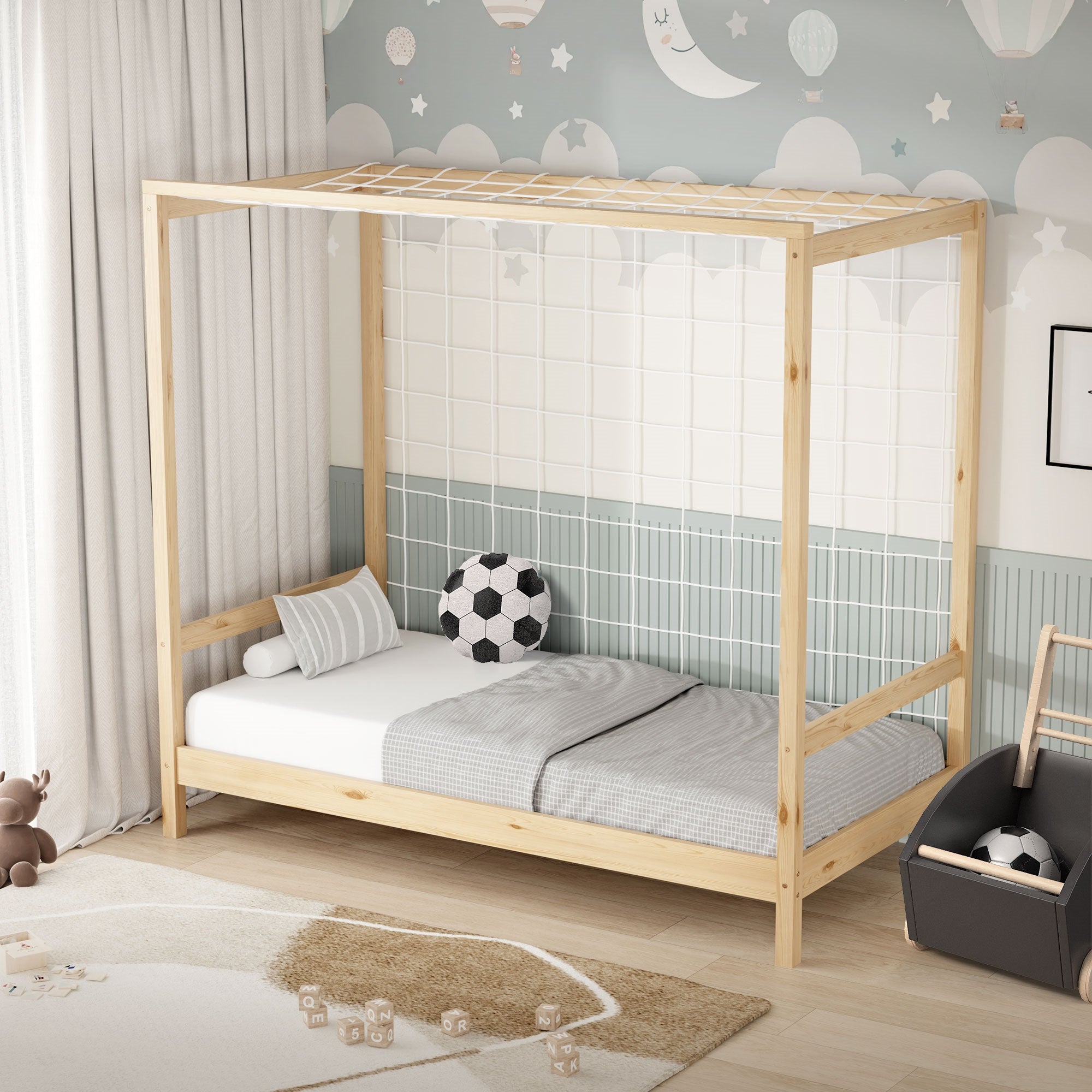 ML-Design łóżko dziecięce 80x160 cm z bramką piłkarską naturalne z litego drewna sosnowego konstrukcja z listwami dla chłopców i dziewczynek