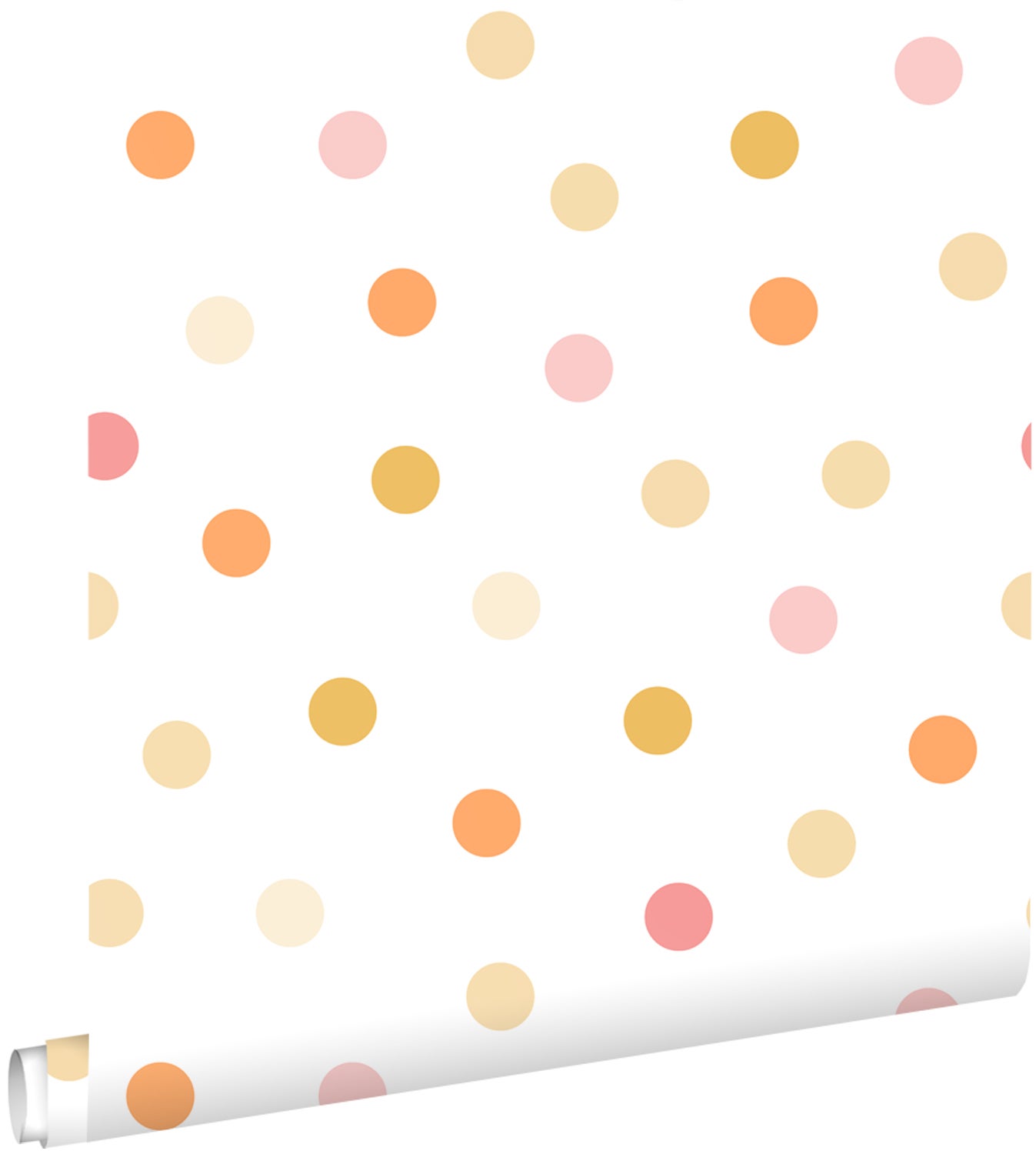 Papel pintado puntos lunares polka dots amarillo, naranja y rosa - 50 x 900 cm - estahome