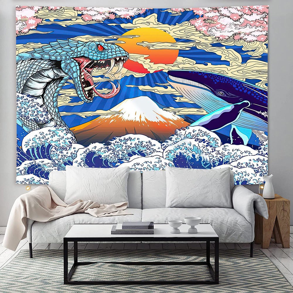 Wieloryb Wąż Sztuka Japon - Gobelin ścienny - 200x150 cm - Duży gobelin - Plakat - Dekoracja z tkaniny - Akcesoria do Sypialni Pokoju Dziennego
