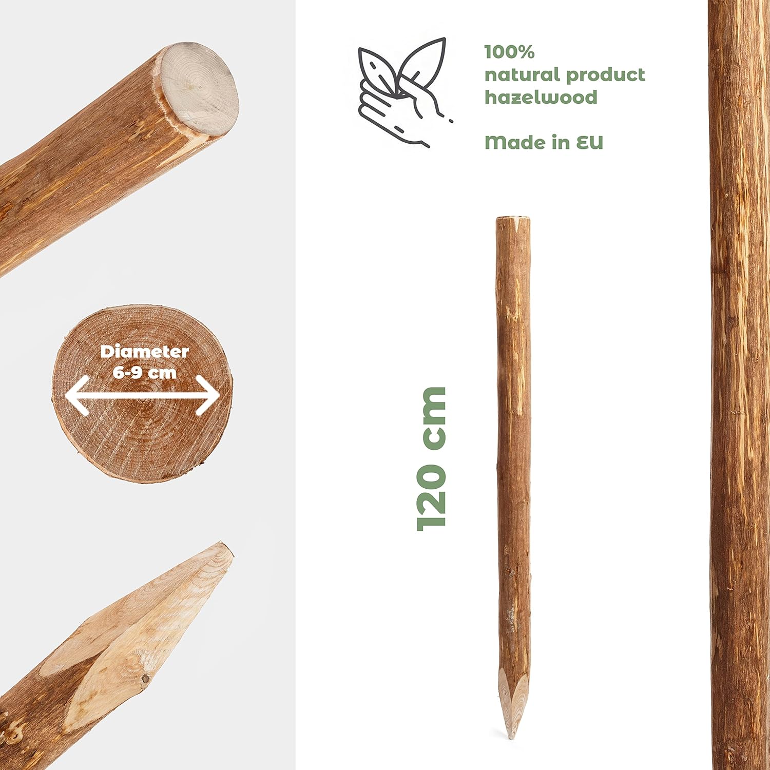 BOGATECO 3 x poteaux de clôture en noisetier | Hauteur 120 cm | Pieu en bois aiguisé | Kit 3 pièces pour clôture de jardin de 500 cm de long - 2