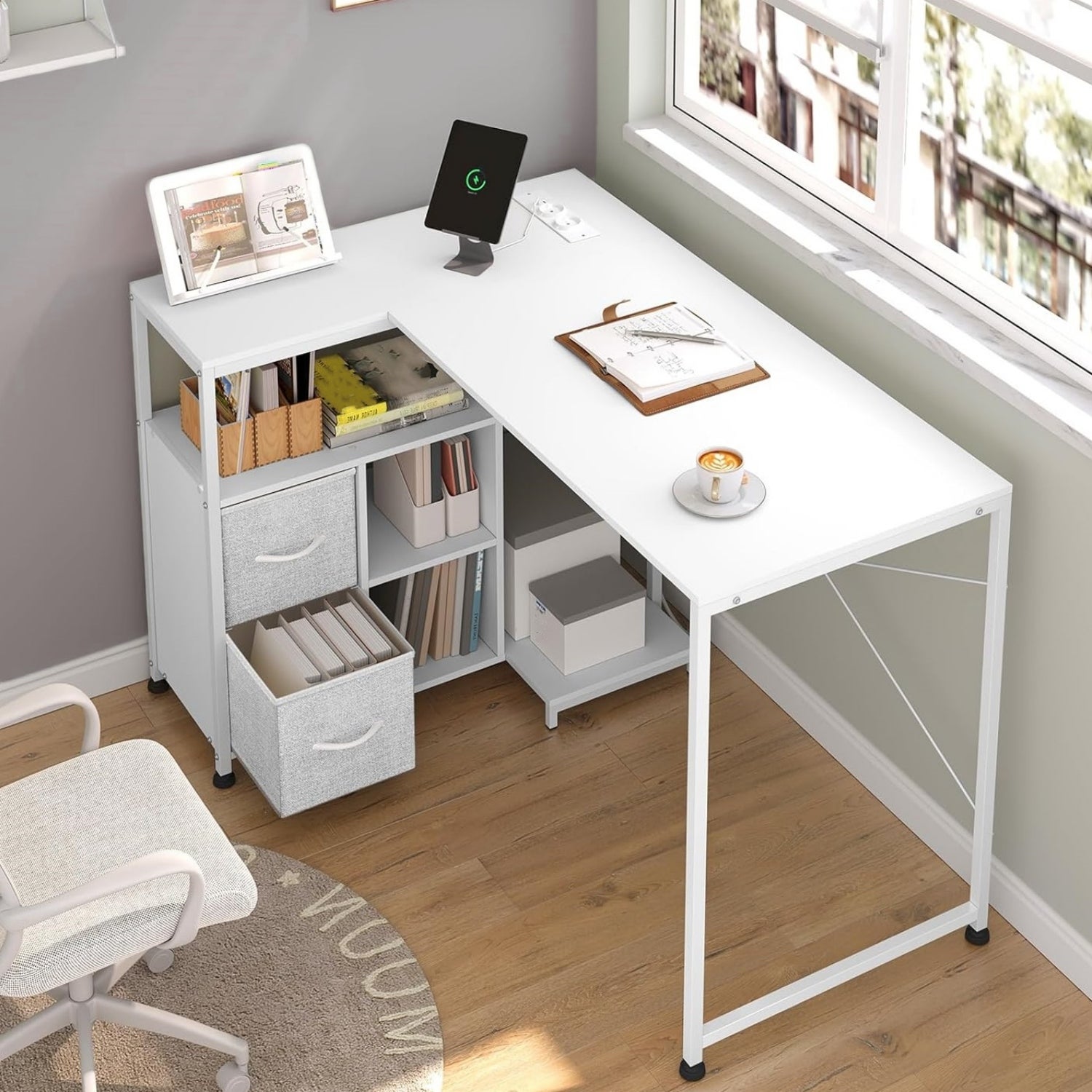 Bureau d'angle WOLTU, 120x80 cm, Table d'Ordinateur avec Étagère Réversible, Prises et Port USB-A Typ-C, Forme de L, Cadre en Métal, Blanc - 6