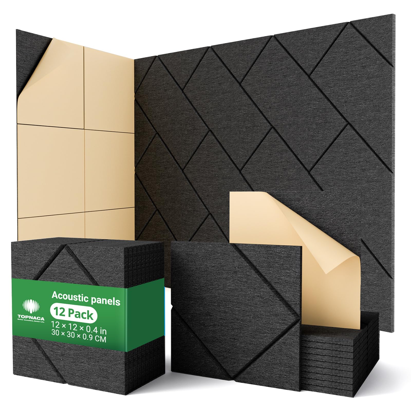 Zestaw 12 samoprzylepnych paneli akustycznych, 30 x 30 x 0,9 cm, dekoracyjne panele ścienne z pianki dźwiękochłonnej do domu i biura, czarne
