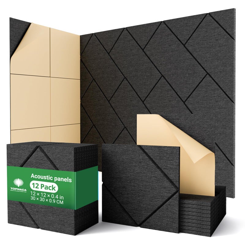 Zestaw 12 samoprzylepnych paneli akustycznych, 30 x 30 x 0,9 cm, dekoracyjne panele ścienne z pianki dźwiękochłonnej do domu i biura, czarne