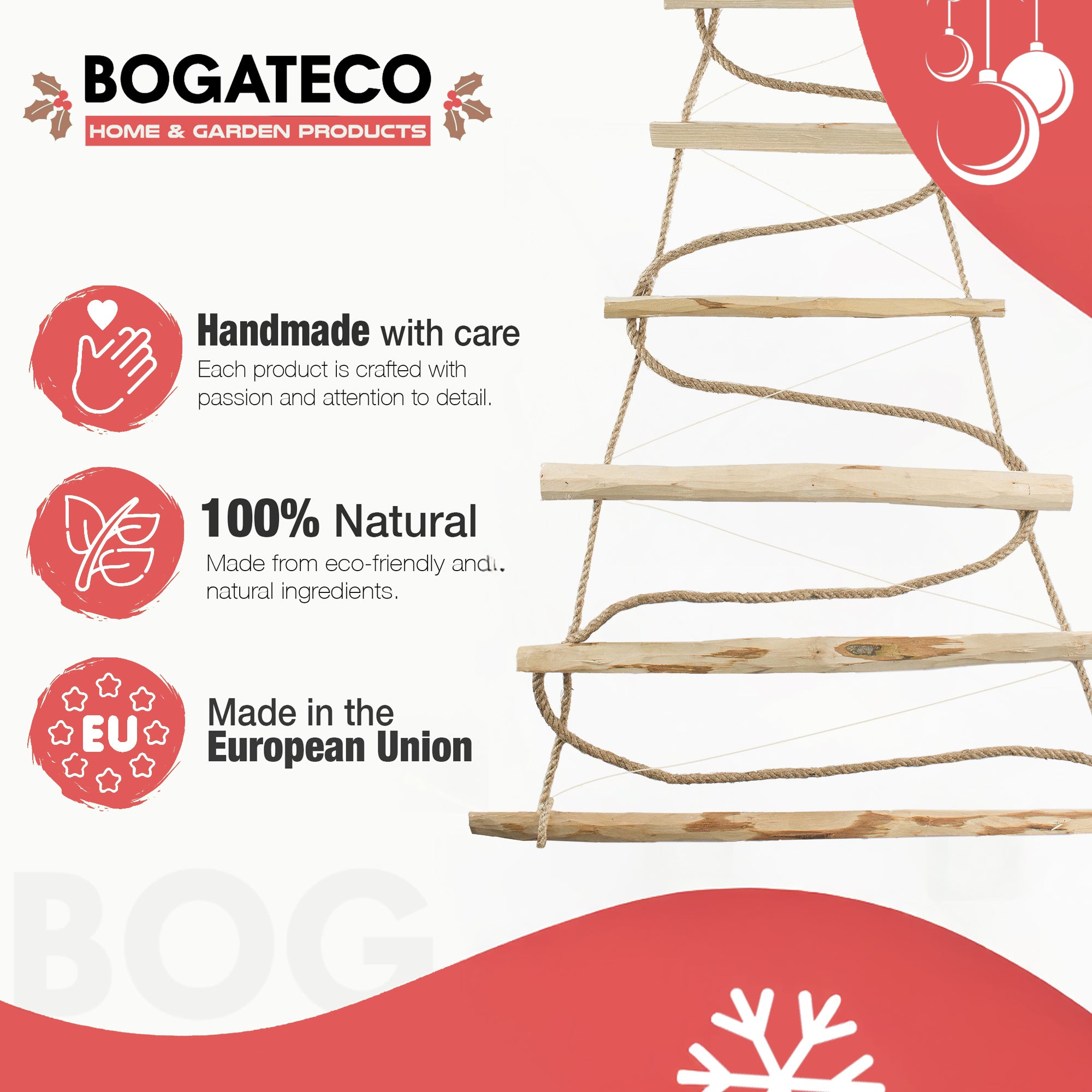 BOGATECO Sapin de Noël fait main de 95 cm de haut avec décorations | lumières LED | Panneaux en bois reliés par une corde de jute - 5
