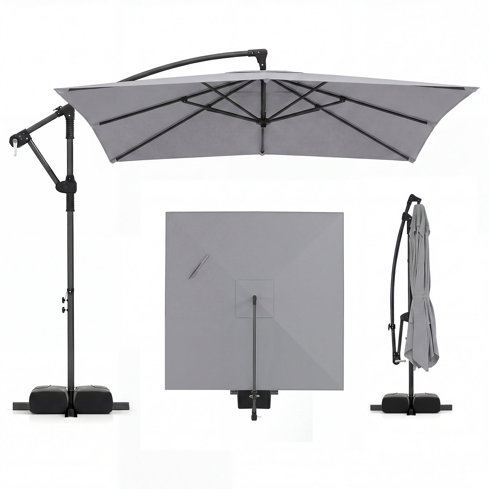 2,5 x 2,5 M Parasol przeciwsłoneczny z możliwością obrotu o 360°, prostokątny parasol plażowy z 8 wielorybami, korba, obciążona podstawa, szary