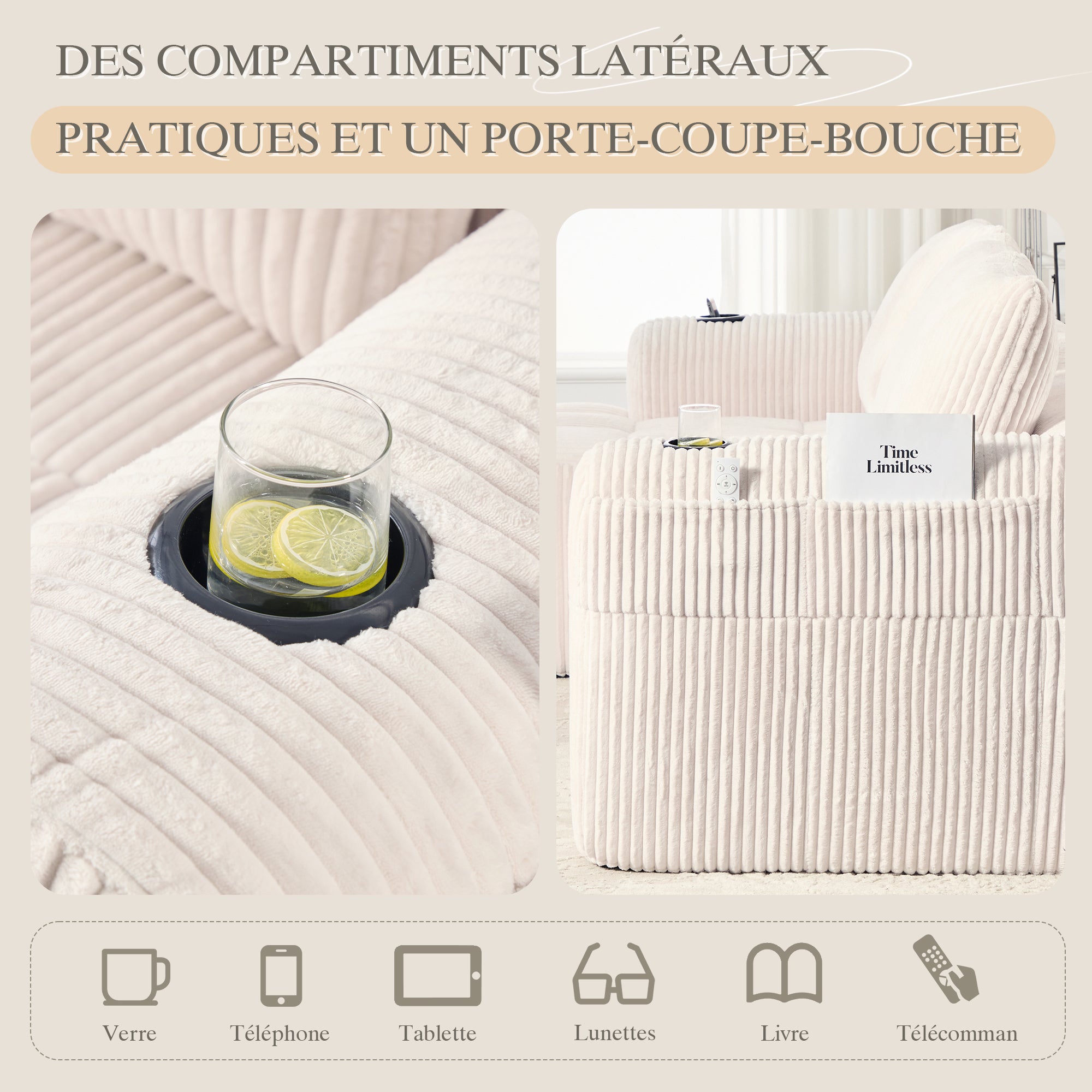 Canapé Convertible d'angle 3 Places en L avec poche latérale et Porte-Gobelets, Canapé Modulable Convertible en Velours Côtelé avec 3 Coussins, Beige - 8
