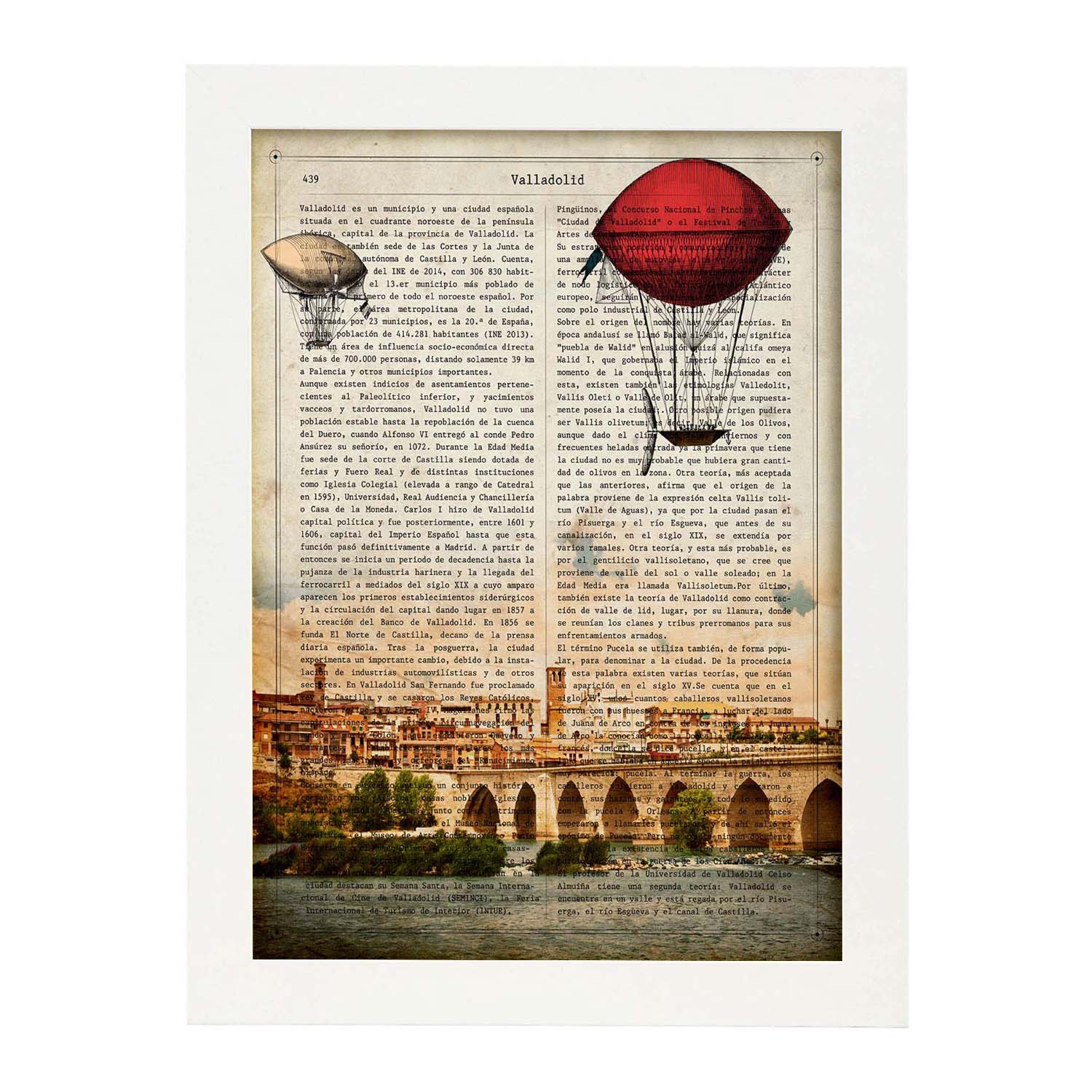 Lamina ciudad de valladolid. estilo vintage. ilustracion, fotografia y collage con la historia de valladolid. marco negro - a3