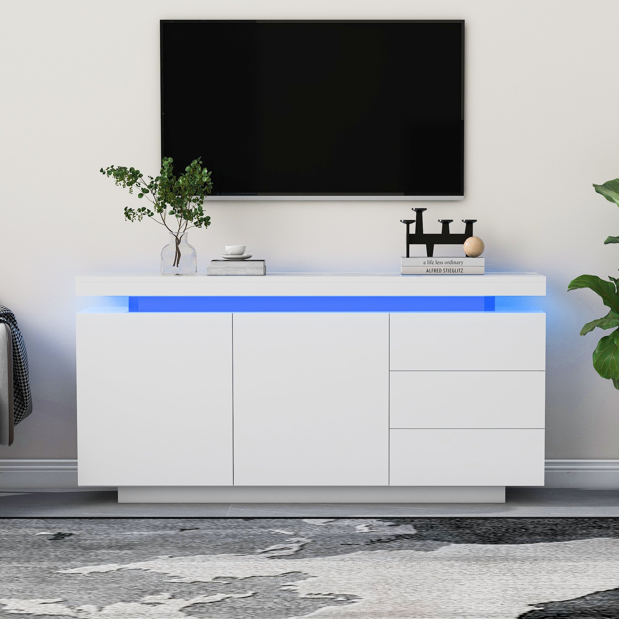 Komoda niska z 2 drzwiami i 3 szufladami - komoda połysk z oświetleniem LED - płyta wiórowa - biała