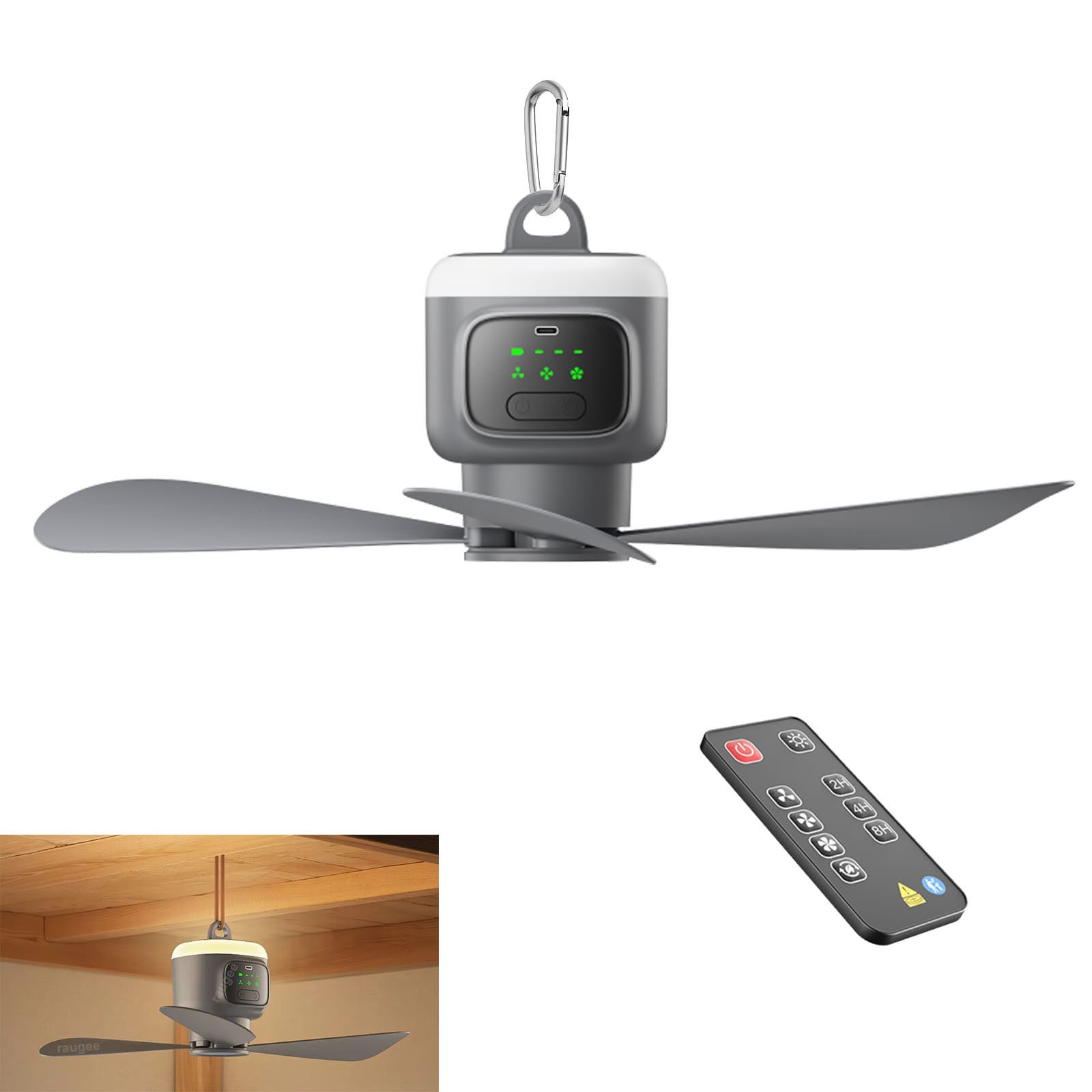 Bezprzewodowy wentylator USB z lampką nocną, cichy wentylator sufitowy, 4 prędkości wiatru, timer, odpowiedni na patia i zadaszenia.
