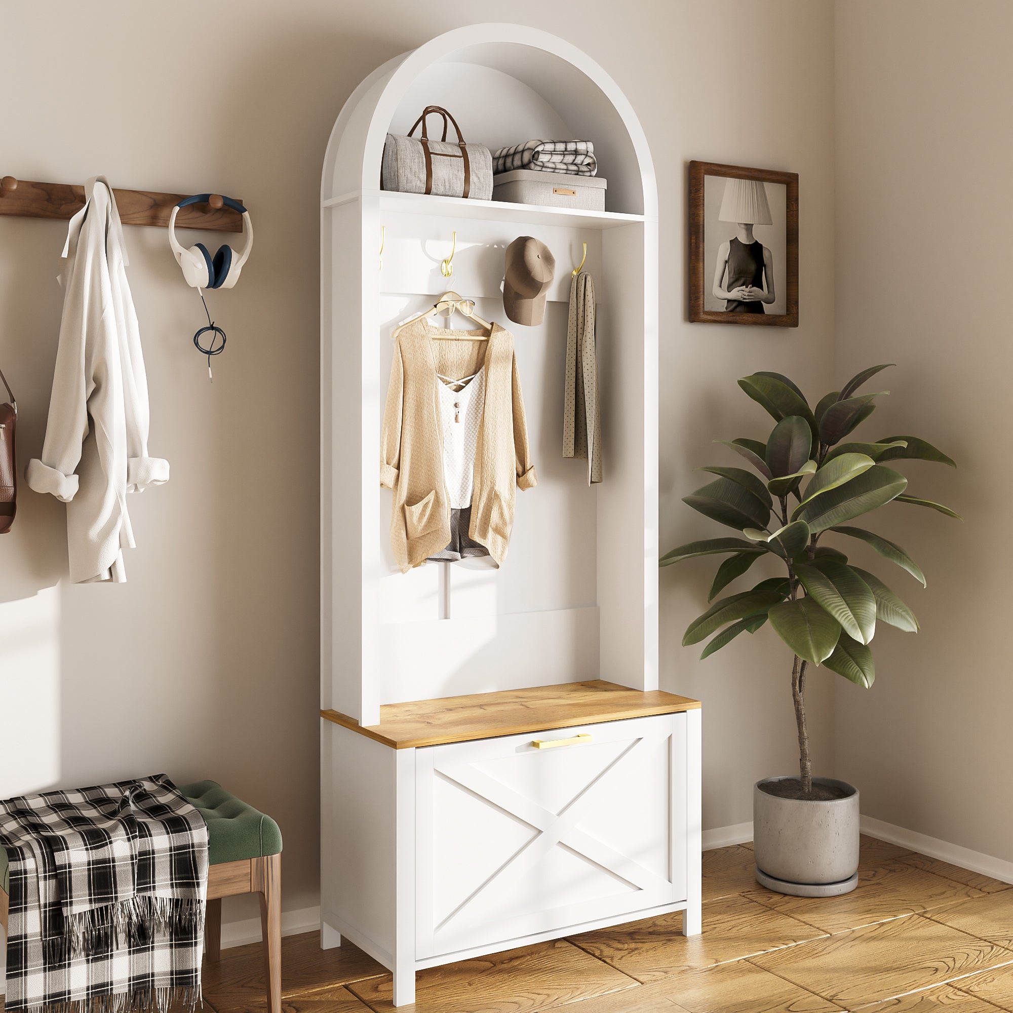 Ensemble vestiaire d'entrée 75x35x195 cm - Avec meuble à chaussures et crochets - Avec étagères - Blanc et naturel - 3