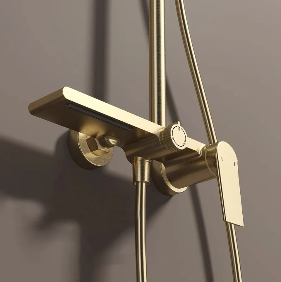 Ensemble de robinetterie de douche pour salle de bain, pomme de douche effet pluie, mitigeur de douche avec douchette, doré - 4