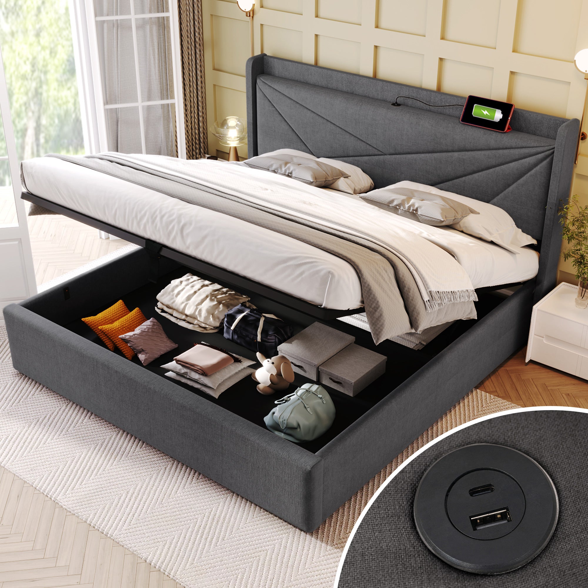 Lit coffre lit rembourré 160x200 cm avec fonction de charge USB Type C, lin, gris, sans matelas - 3