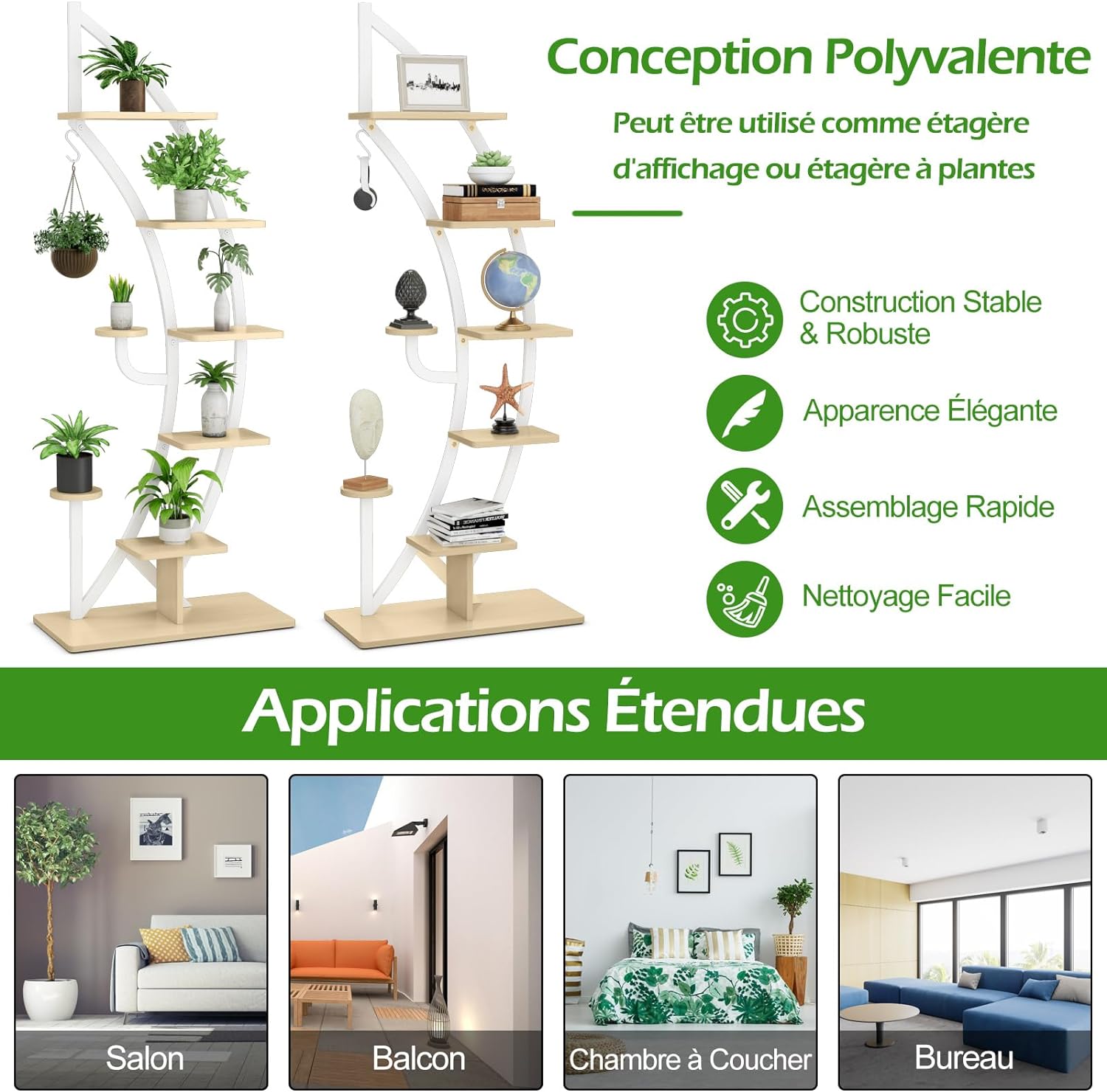 Support de Plante en Métal à 7 Niveaux, Étagère à Fleurs avec Crochet, Porte Plantes en Forme de Demi-lune, 60 x 30 x 155 CM, Blanc - 6