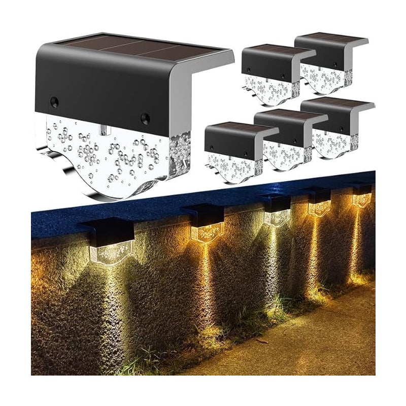 Zestaw 6 lamp solarnych do dekoracji ogrodu, schodów, stopni, 2 tryby, ciepłe białe światło + bursztynowa dioda LED