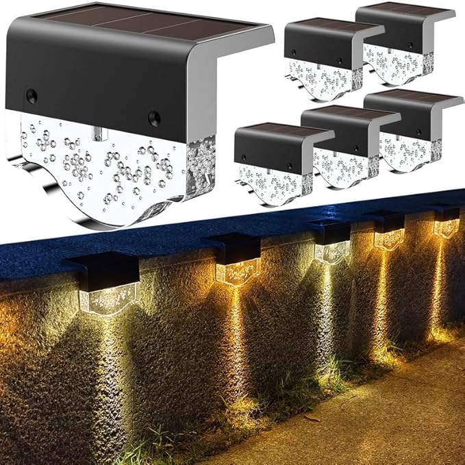 Zestaw 6 lamp solarnych do dekoracji ogrodu, schodów, stopni, 2 tryby, ciepłe białe światło + bursztynowa dioda LED