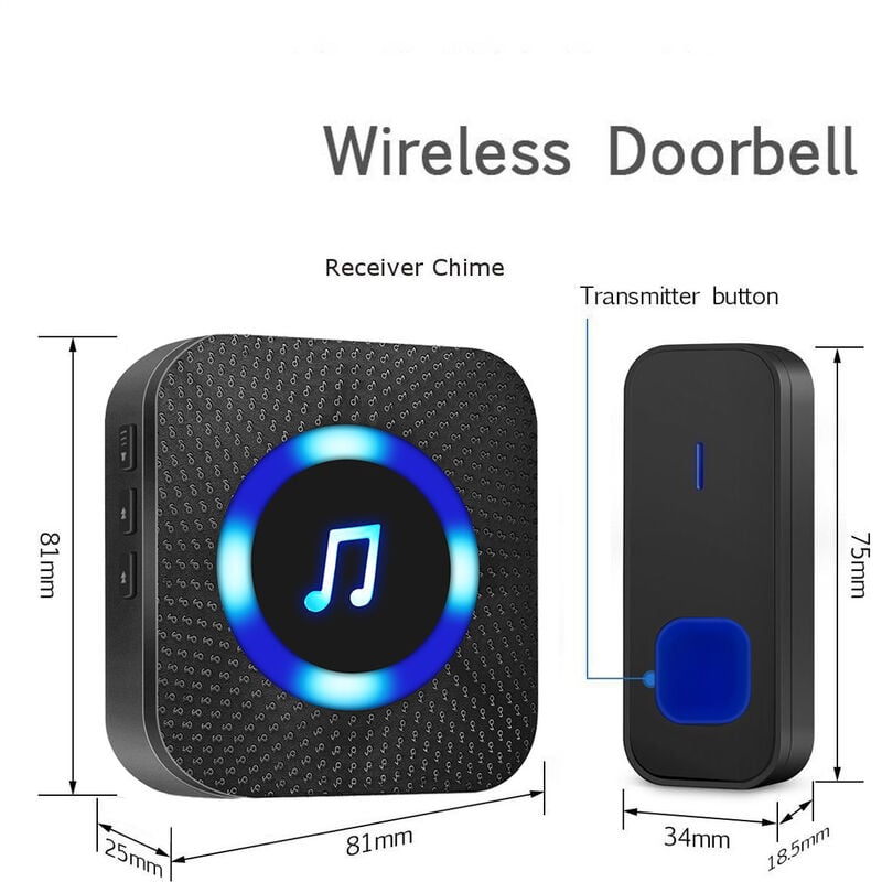 Sonnette sans Fil, 400M Sonnette de Porte IP55 Étanche Carillon Electronique, 55 Mélodies au 5 Niveaux Volumes, LED Bleu Noir - 4