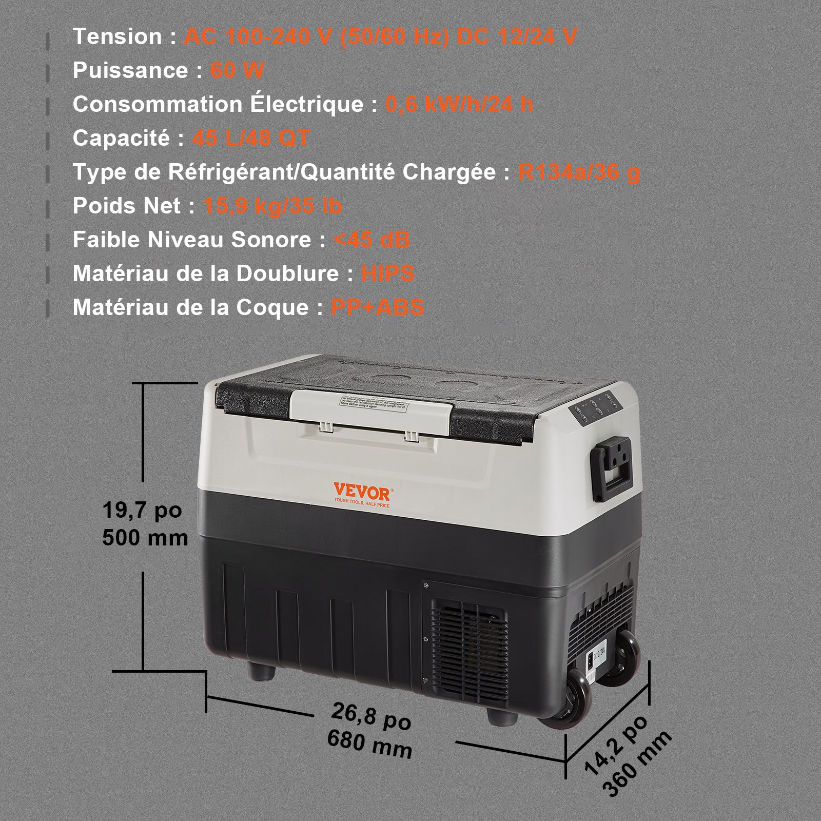 Mini Réfrigérateur VEVOR Glaciere Electrique Portable de 45 L Refrigerateur 12/24 V CC 100-240 V CA Frigo Voiture Double Zone 0,6 kW.h -20 °C a 10 °C - 7