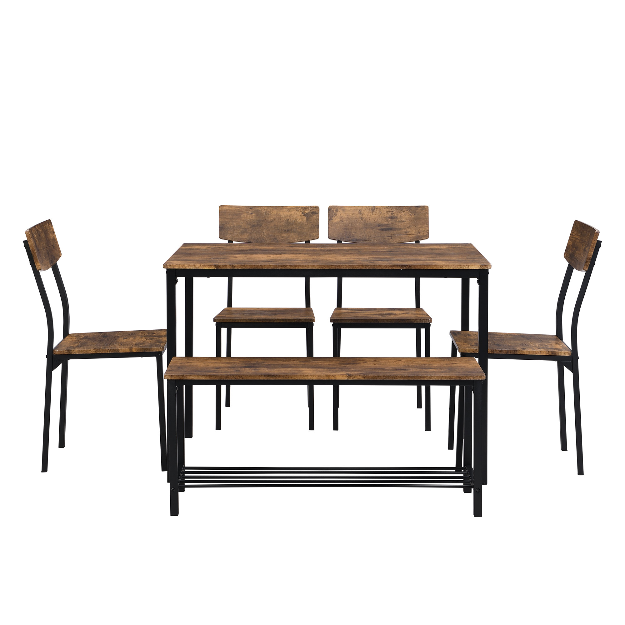 Ensemble Table et 4 Chaises 1 Banc - 6 places - cadre en acier - style industriel - Marron - 4