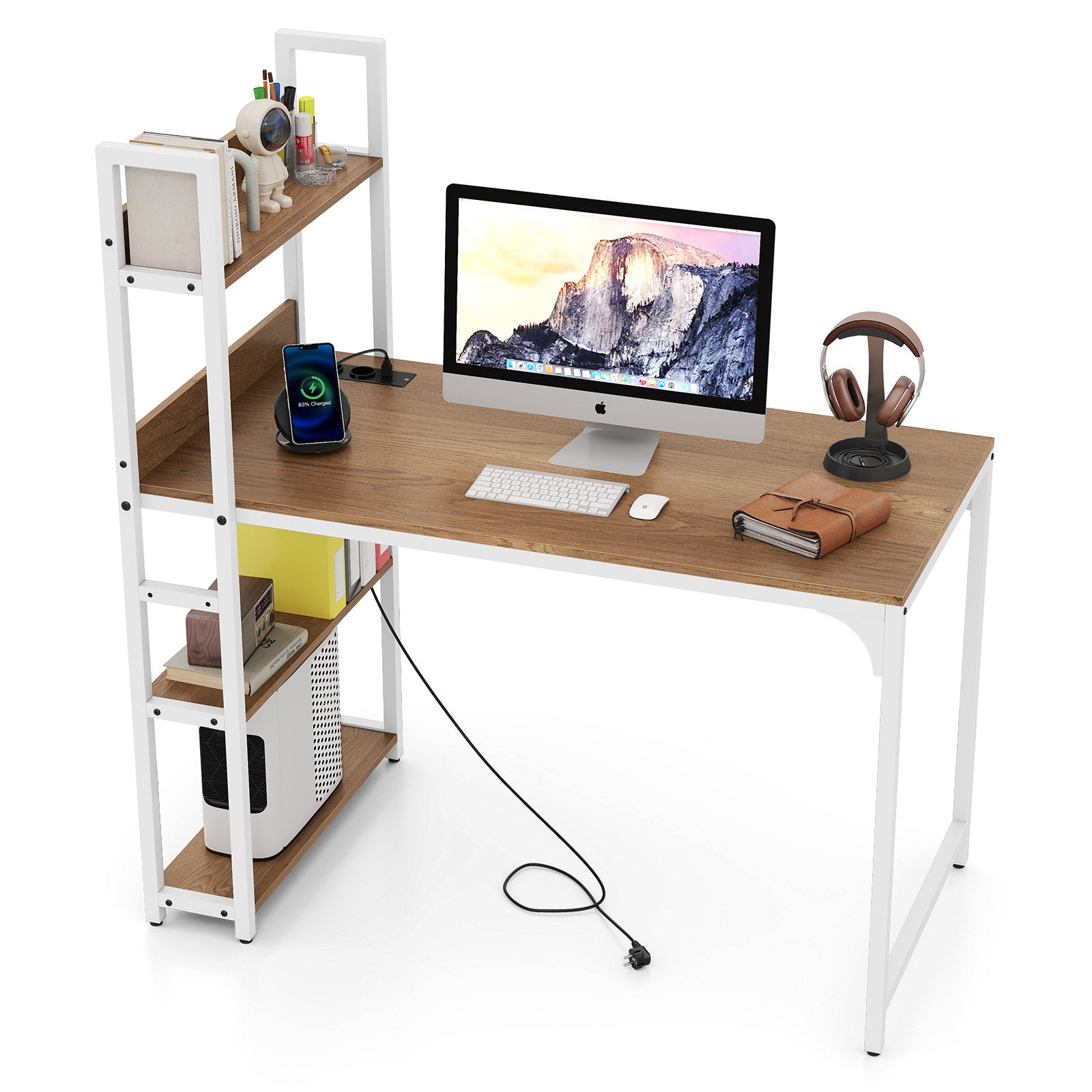 Biurko ze stacją ładującą, biurko komputerowe 120 x 65 cm z otwartą półką i metalową ramą, drewniane biurko do biura z gniazdami USB i zasilania