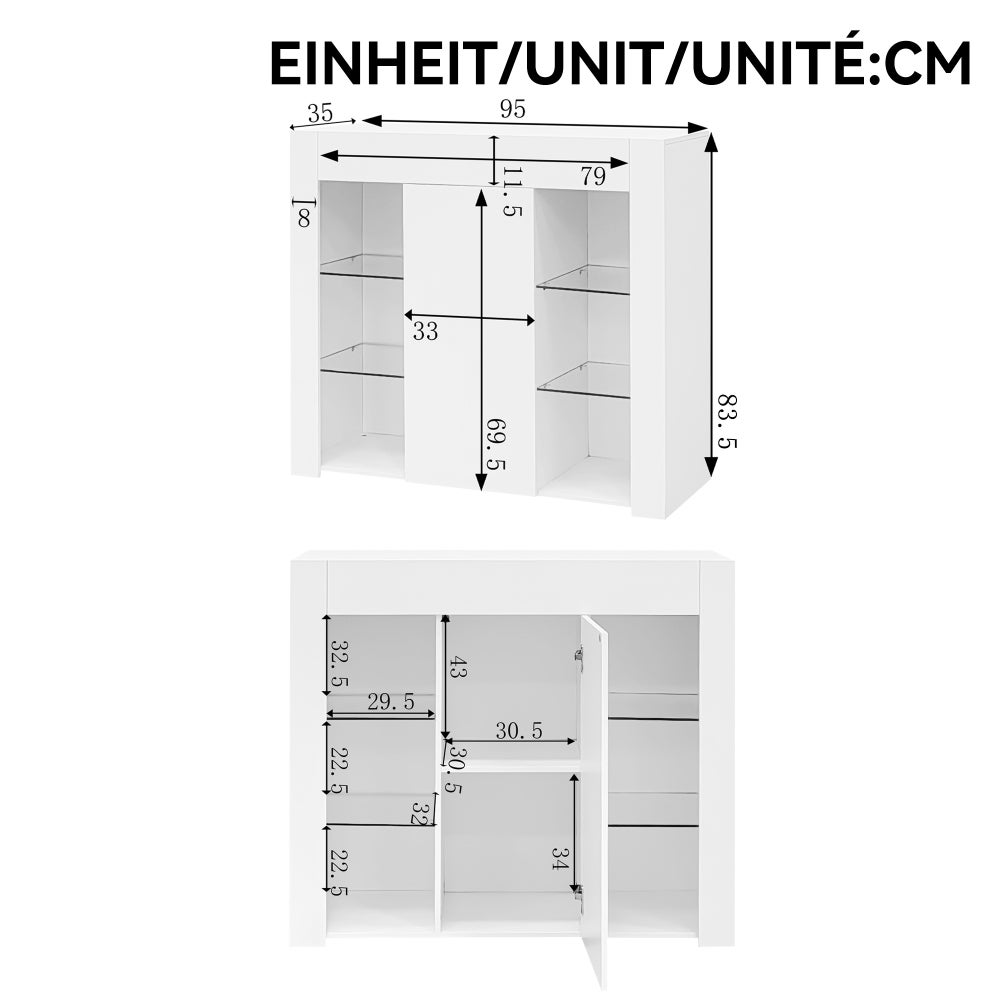Buffet Moderne avec Finition Brillante et Étagères en Verre – Meuble de Rangement Compact et Élégant 95x35x83 cm pour Salon, Salle à Manger ou Cuisine - 4