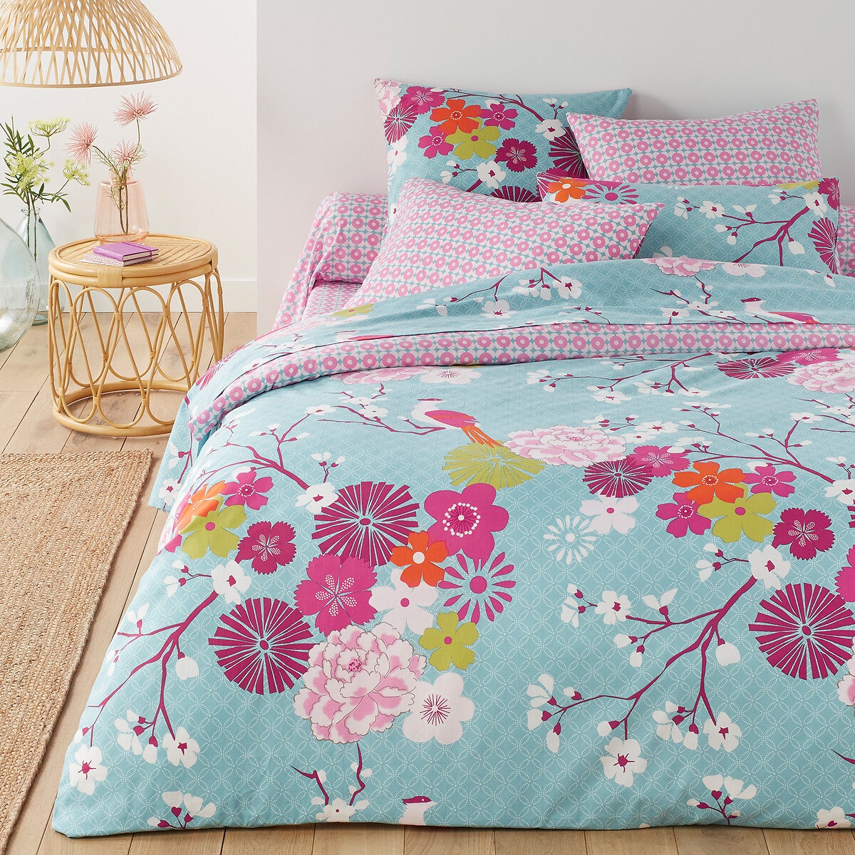 Drap-housse pur coton, Miss China - Bleu + rose - 90 x 190 cm - 4