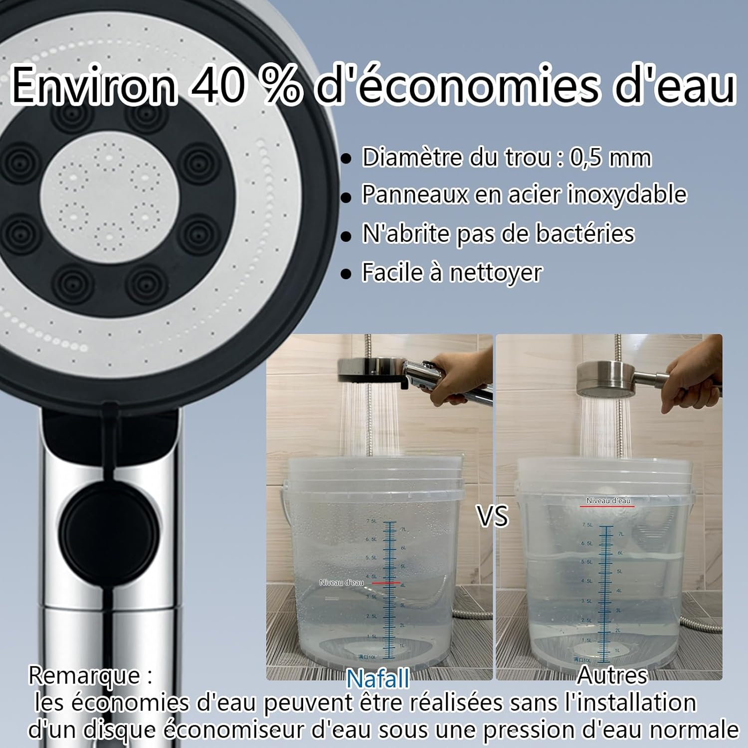 Pommeau de douche avec 3 filtres PP anticalcaire haute pression, pommeau de douche de salle de bain avec 5 modes de jet, (sans flexible ni support) - 5