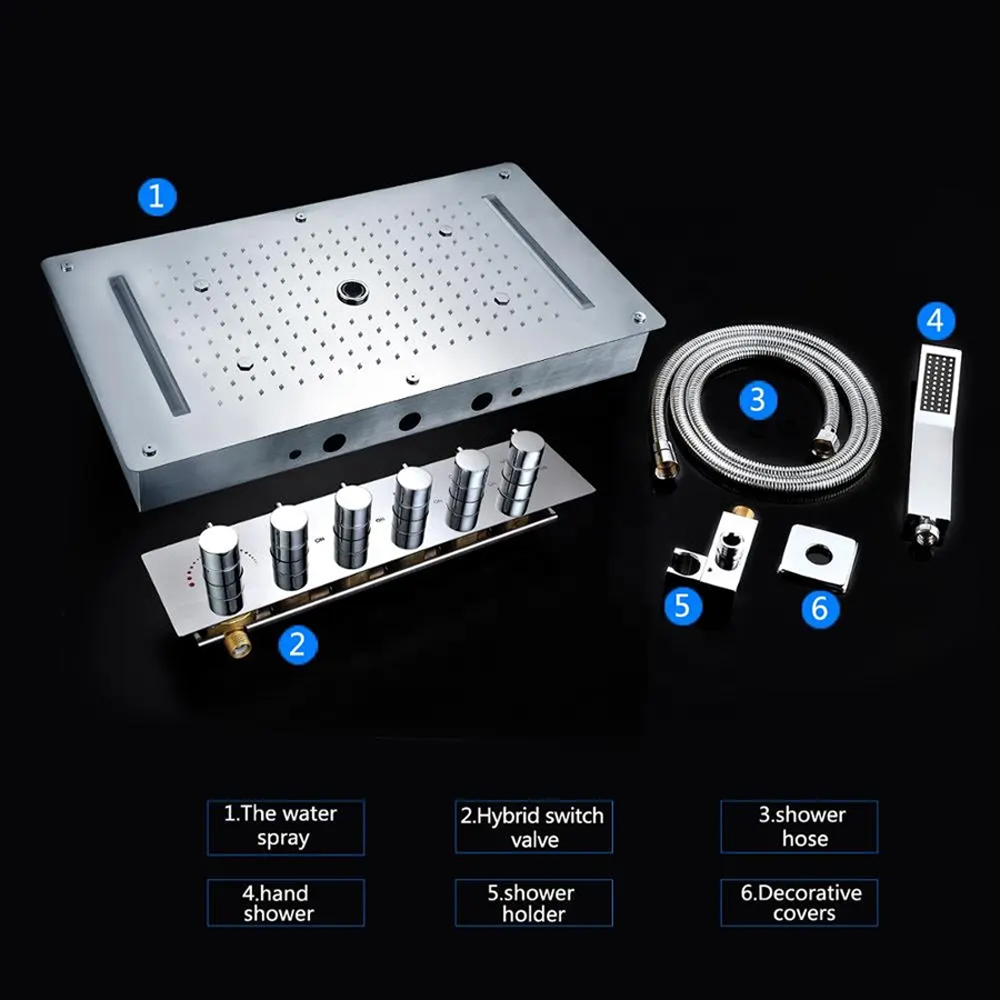 🚿 Composition de douche ciel de pluie LED 700 x 380 mm, LED, thermostatique | Topale - 7