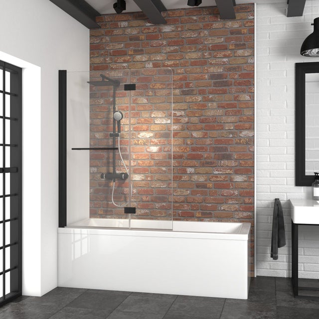 Pare-baignoire pivotant transparent noir, H.150xl.112 cm SCHULTE, anticalcaire, paroi de baignoire réversible, écran 5 mm pliant, 2 volets rabattables
