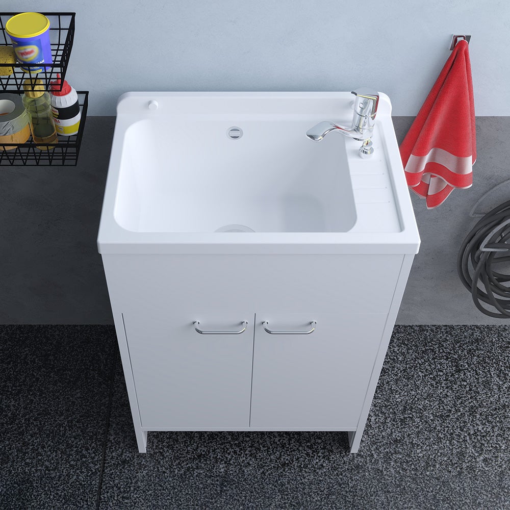 Meuble sous-évier gain de place en PVC blanc 58 cm avec vasque et bonde en inox - 5