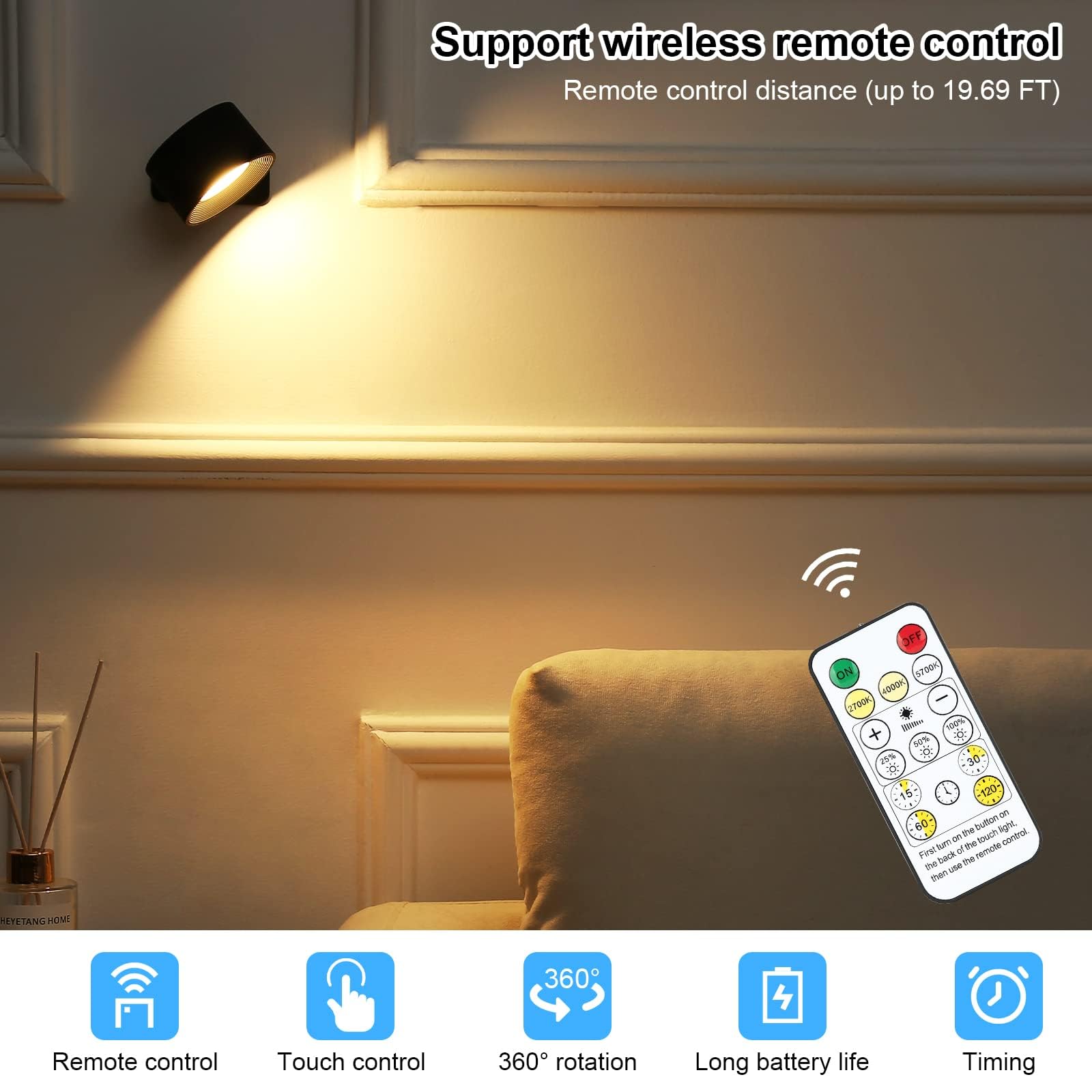 Lumières LED Yulado Sans Fil - 2 Pièces Avec Télécommande, Rechargeable USB | 3 Températures, Rotation 360°