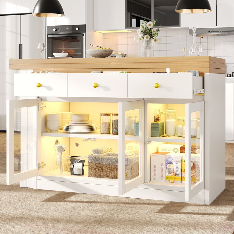 Îlot de cuisine moderne avec éclairage LED,Îlot de bar rétractable avec 3 tiroirs et portes vitrées,Chariot de cuisine multifonctionnel, Blanc - 2