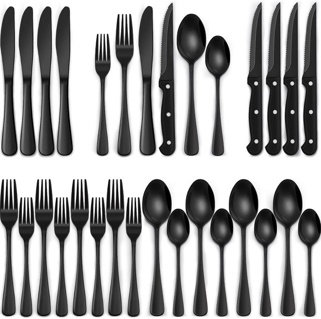 Juego de cubiertos de acero inoxidable de calidad alimentaria de 24 piezas para cenar en casa, negro