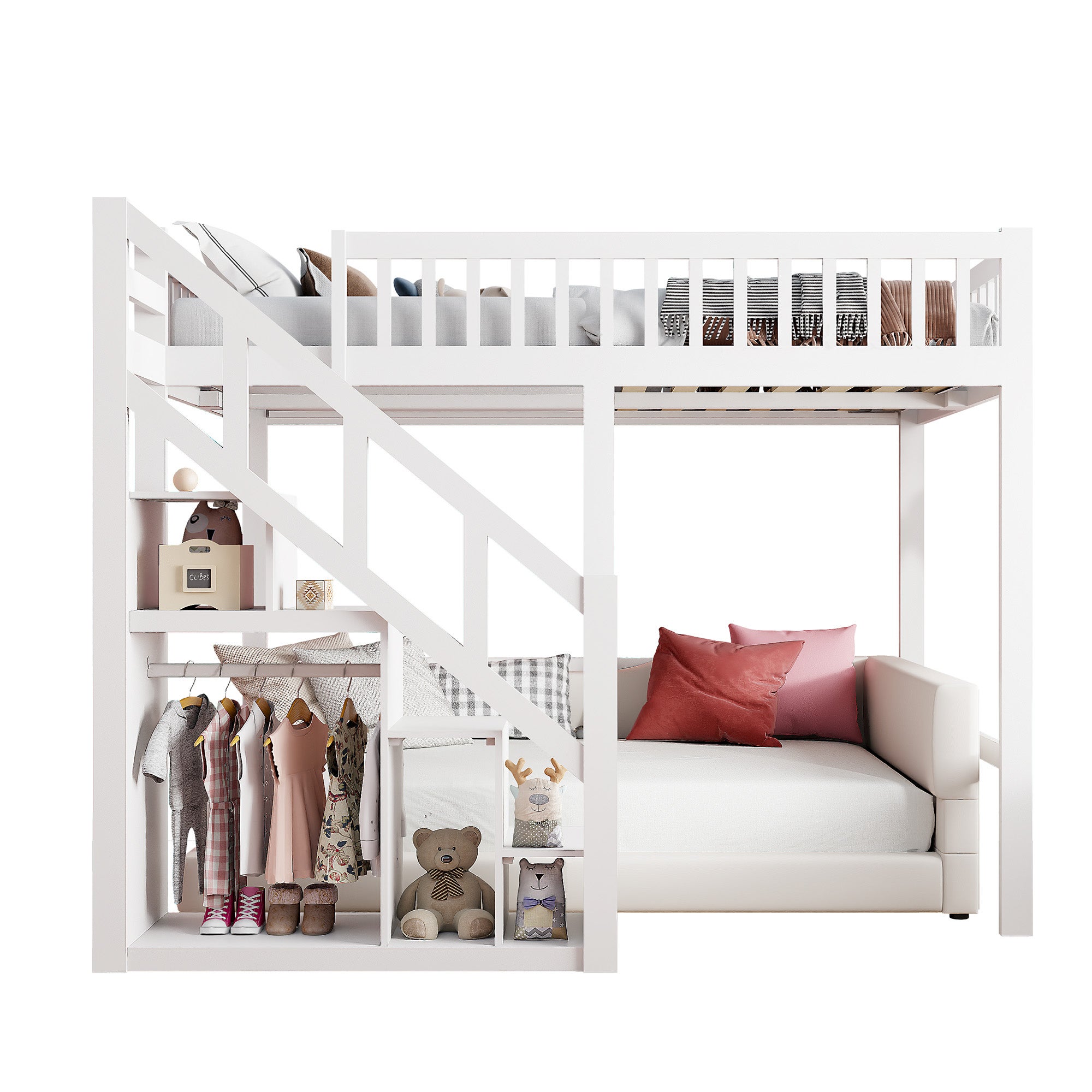 Lit Mezzanine 90 x 200 cm, Multifonction Lit Enfant avec Espace de Rangement Escalier, Blanc - 7