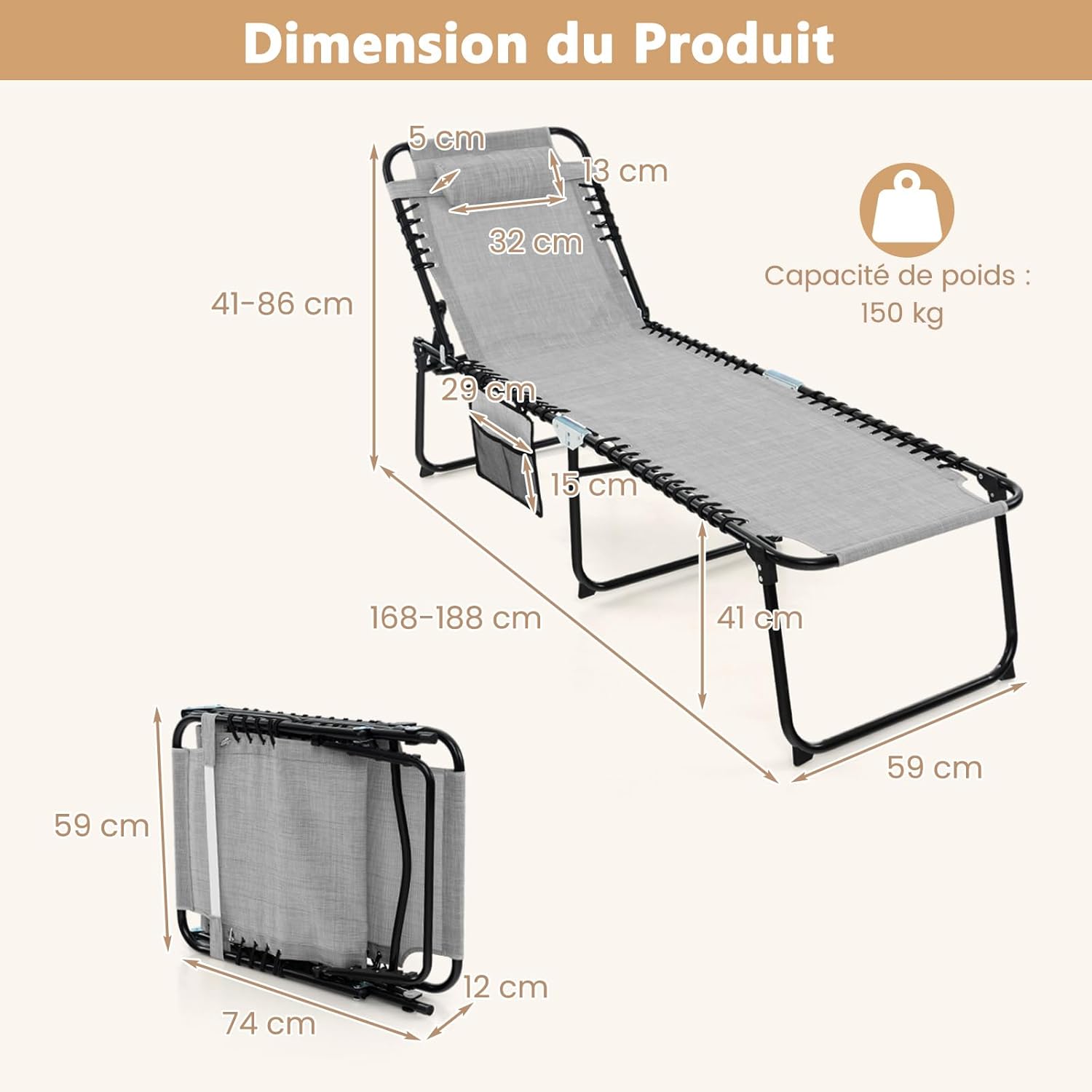 Leżak do opalania z zagłówkiem i kieszenią boczną, składany leżak ogrodowy z regulowanym oparciem, leżak plażowy, obciążenie do 150 kg, (kolor szary) - 8
