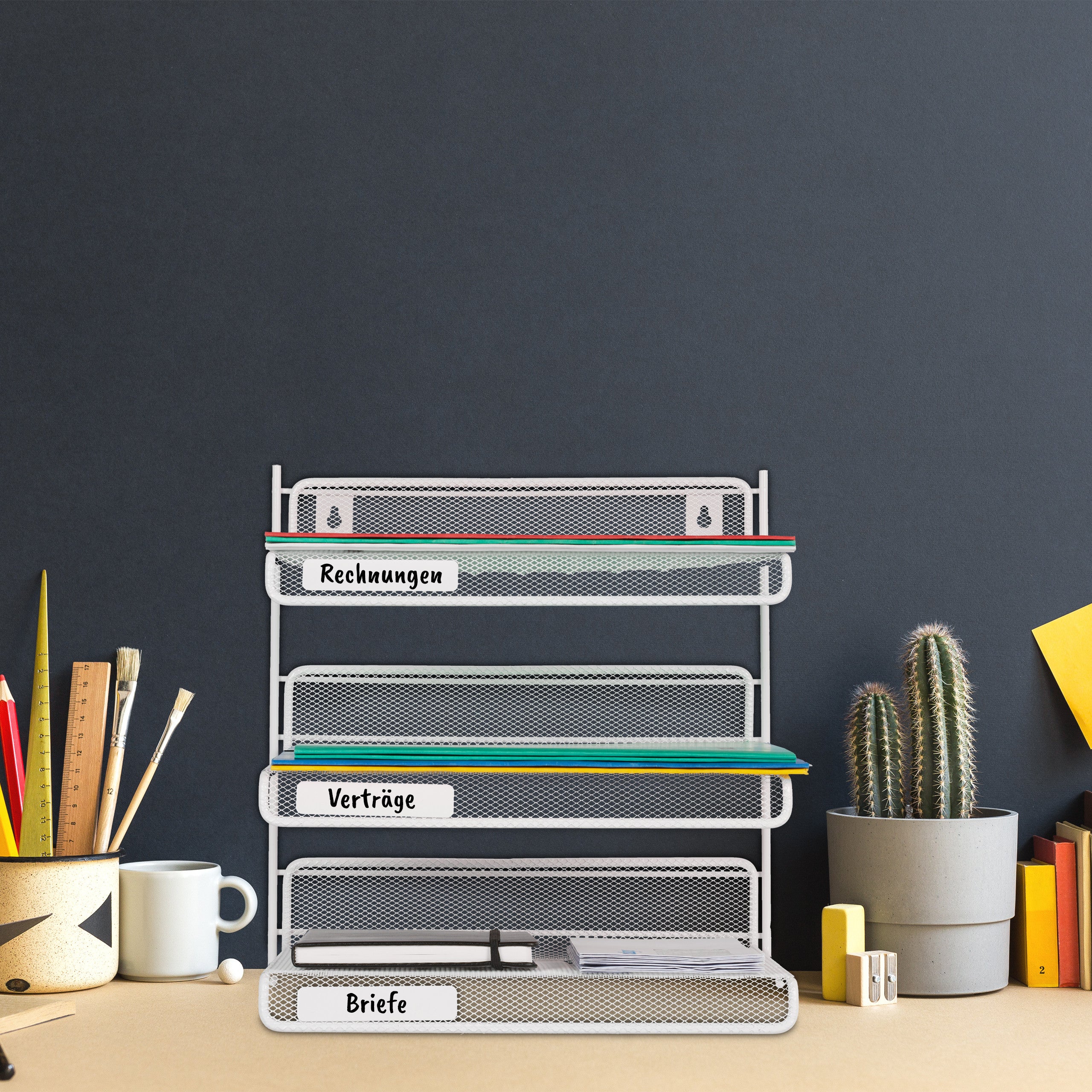 Relaxdays Organizer Portadocumenti in Acciaio, 3 Vaschette, Portalettere A4, da Parete HLP: 32 x 33 x 24,5 cm, Bianco - 2