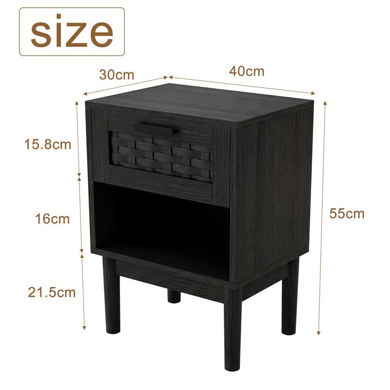 Lot de 2 Table de Chevet, Un Tiroir, Tressage en Rotin, Table de Chevet Moderne, Cadre en Bois, Noir, Table de Chevet - 4