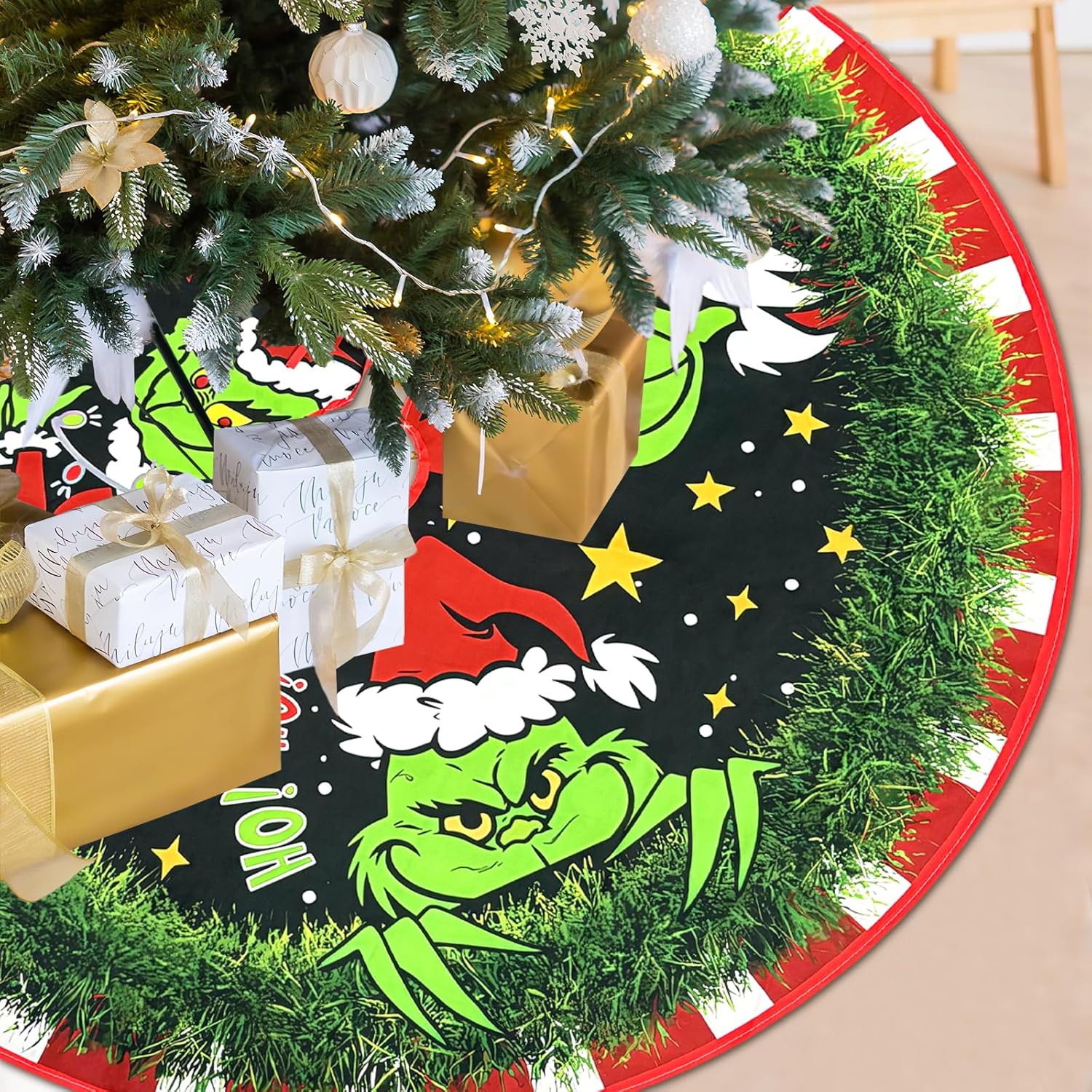 Spódnica choinkowa Grinch 120 cm, osłona na choinkę, dekoracja świąteczna Grinch, mata choinkowa, mata świąteczna pod choinkę, okrągła spódnica choink