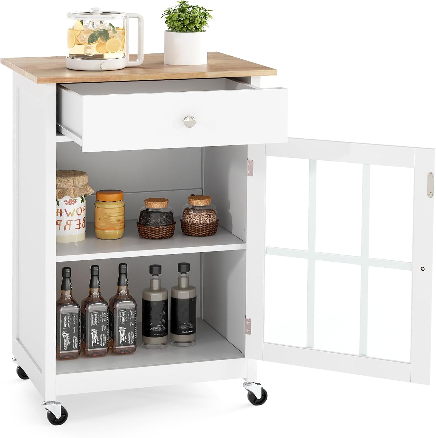 Wózek Kuchenny z 1 Szufladą i 1 Zamkniętą Przegrodą z Przezroczystymi Szklanymi Drzwiczkami, Mobilny Wózek z Przestronnym Blatem i 4 Kółkami