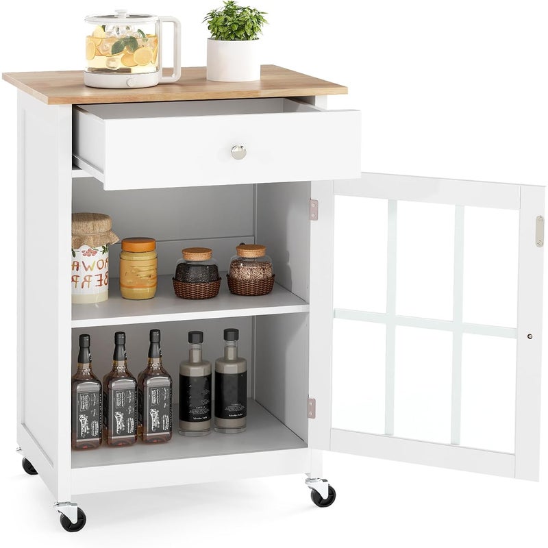 Wózek Kuchenny z 1 Szufladą i 1 Zamkniętą Przegrodą z Przezroczystymi Szklanymi Drzwiczkami, Mobilny Wózek z Przestronnym Blatem i 4 Kółkami