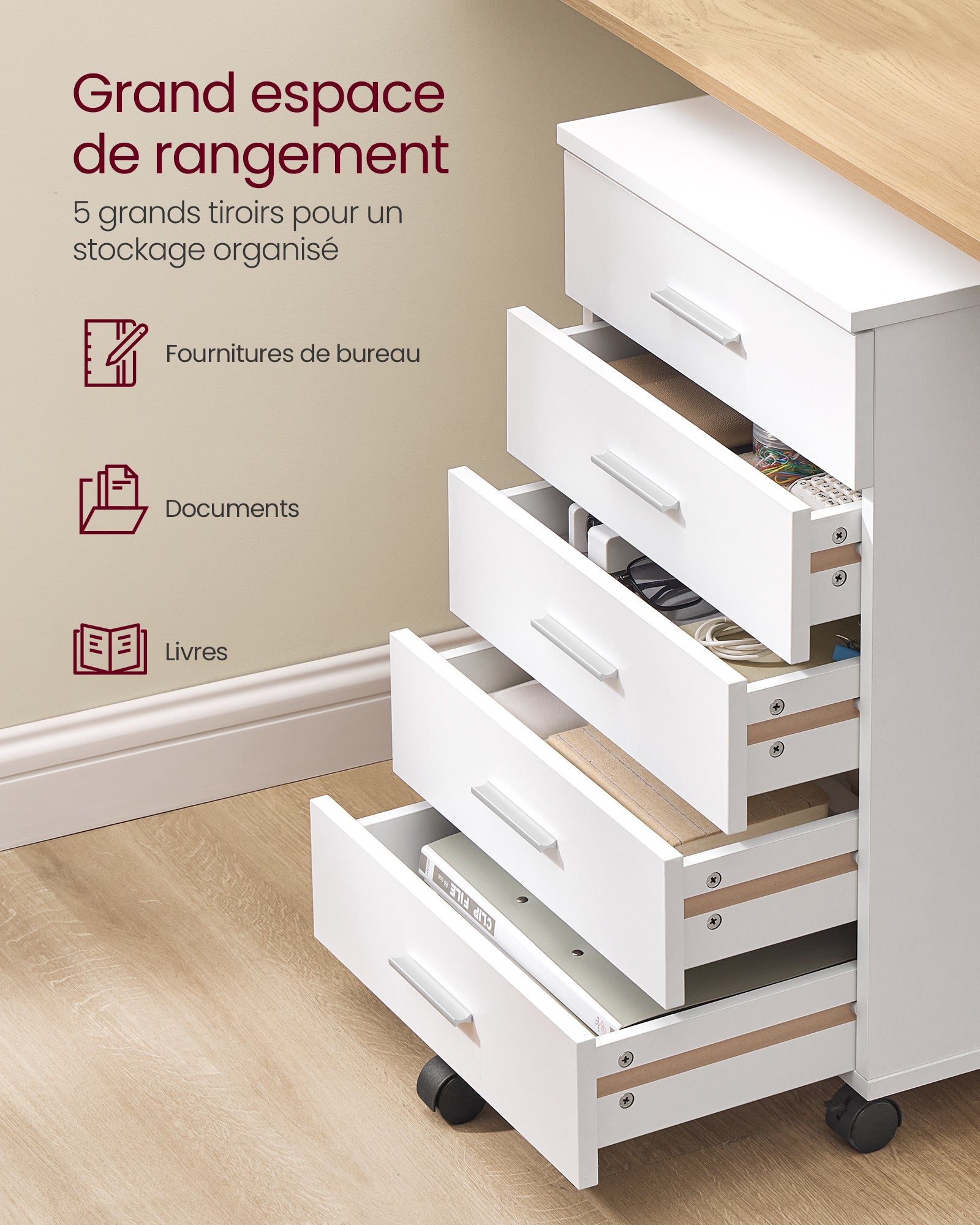 Caisson de Bureau à Roulettes, Meuble de Rangement, Support pour Imprimante, avec 5 Tiroirs, Rails Coulissants, pour Bureau, Télétravail, Blanc Nuage - 3