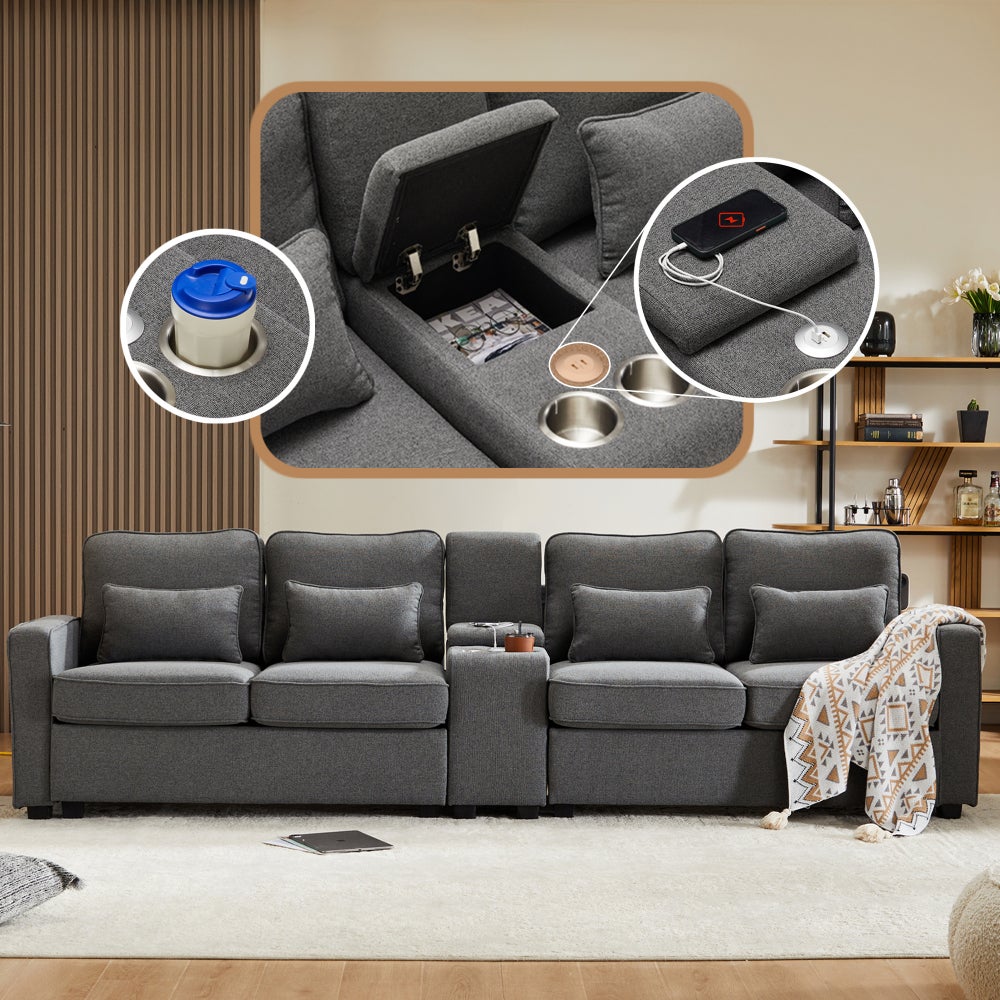 Sofa 4-osobowa, pościelowa, z konsolą, USB, uchwytami na kubki, 4 poduszkami