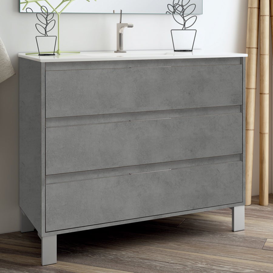 Meuble de salle de bain simple vasque - 3 tiroirs - TIRIS 3C et miroir Led STAM - ciment (gris) - 80cm - 2