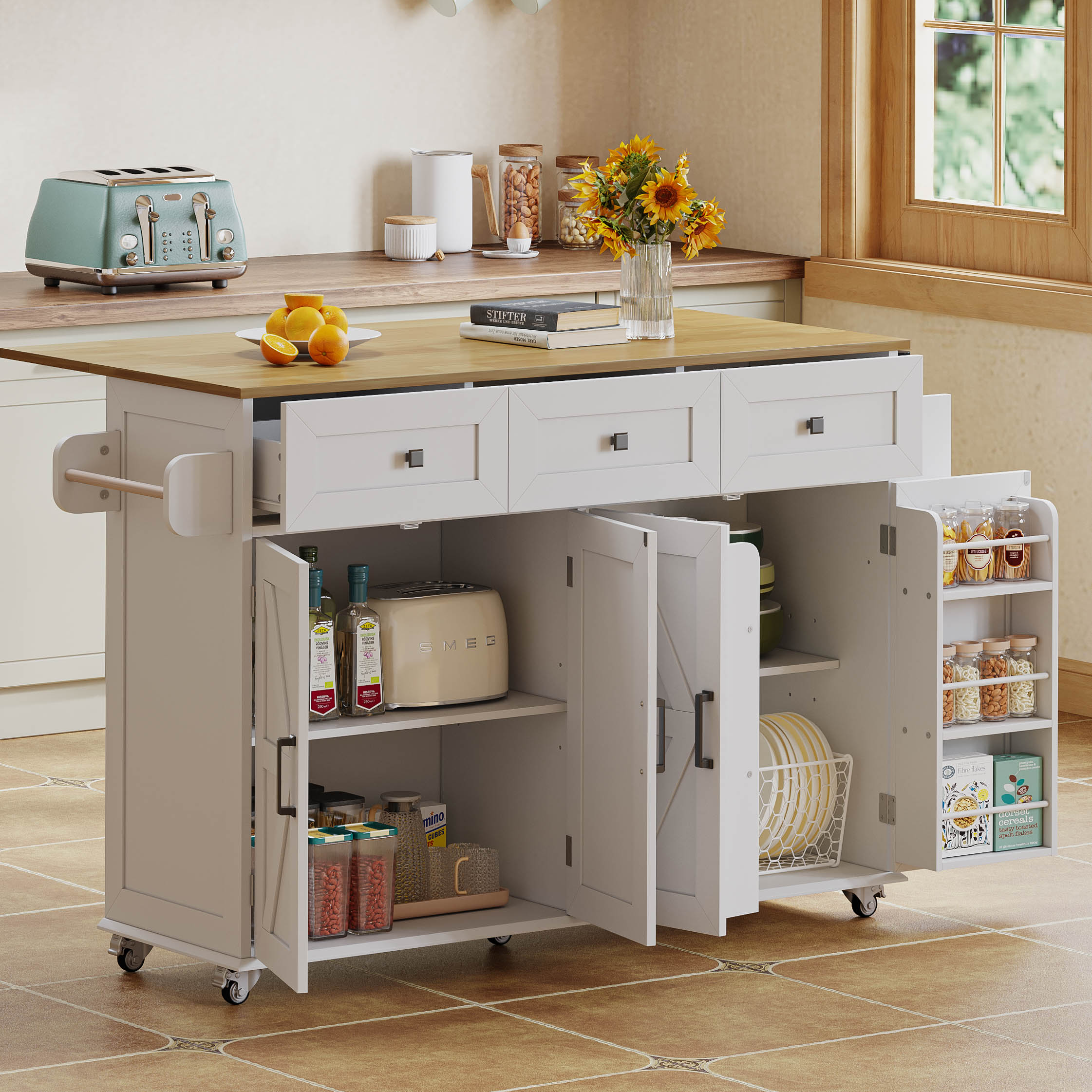 Mobilna wyspa kuchenna z 4 drzwiami i 3 szufladami - 140 x 43/70 x 90,5 cm - Wysuwany blat - Płyta MDF i metal - Biały + naturalny