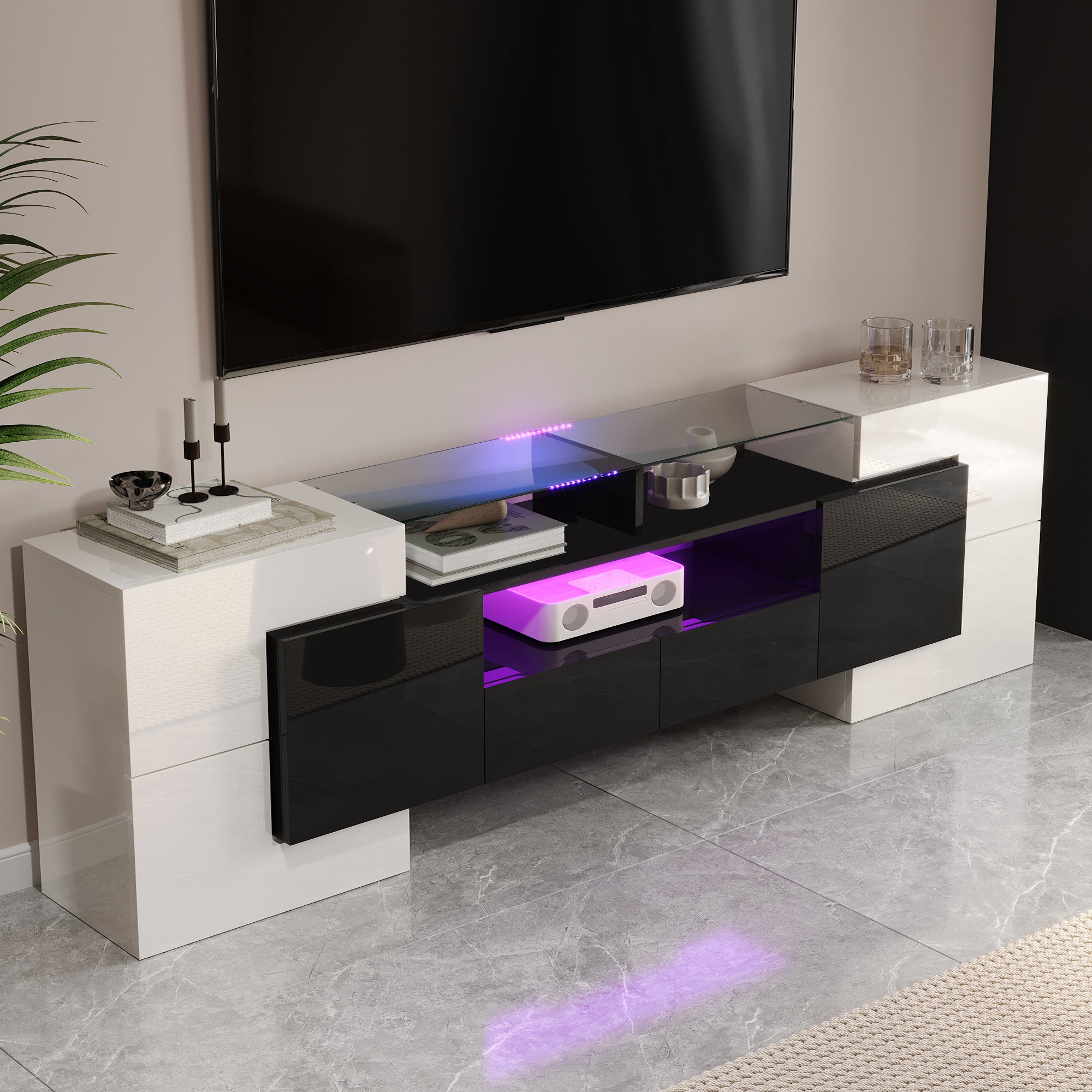 Meuble TV Avec Lumières LED,Banc TV Moderne,Meuble De Rangement Blanc 260x36,5x40 Cm860090