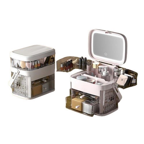 Organizzatore Trucco Con Specchio LED - Trousse Da Viaggio 3 Luci, Portatile Per Makeup E Gioielli (Bianco) - Foto 3